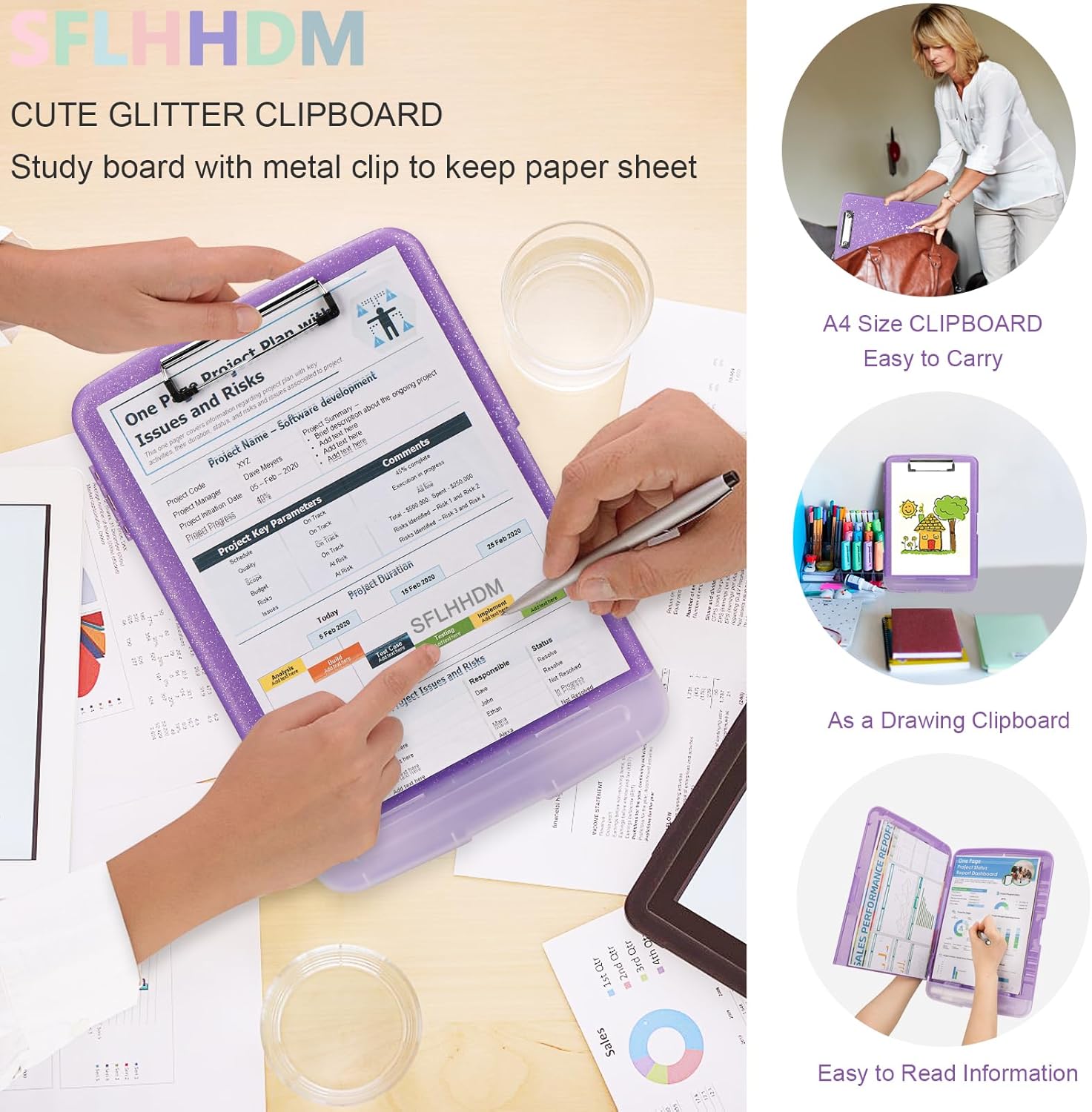 Glitter Clipboard with Storage,Storage Clipboard with Pen Holder,A4 Binder Clip Boards 8.5x11 with Low Profile Clip,Side Opening Sparkle Clipboards, Clipboards Folder for Office Supplies-Pale Purple - Image 7