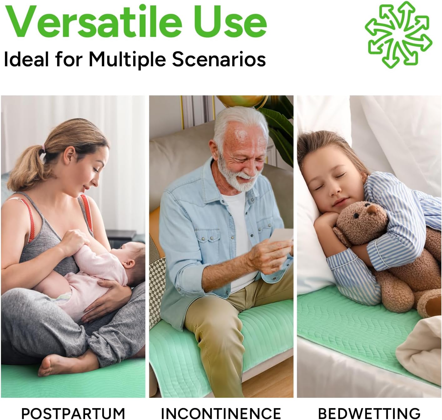 WhyWorry Washable Bed Pads for Adult Incontinence, 34" x 36" (Pack of 2) Washable Pee Pads for Bed Wetting, Heavy Absorbency Reusable Underpads for Elderly & Kids, Waterproof Mattress Protector, Green - Image 7