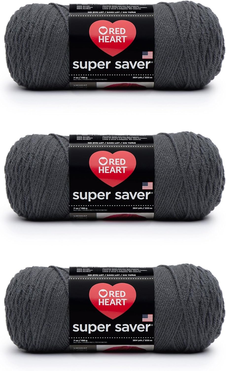 Red Heart Super Saver Charcoal Yarn - 3 Pack of 198g/7oz - Acrylic - 4 Medium (Worsted) - 364 Yards - Knitting/Crochet