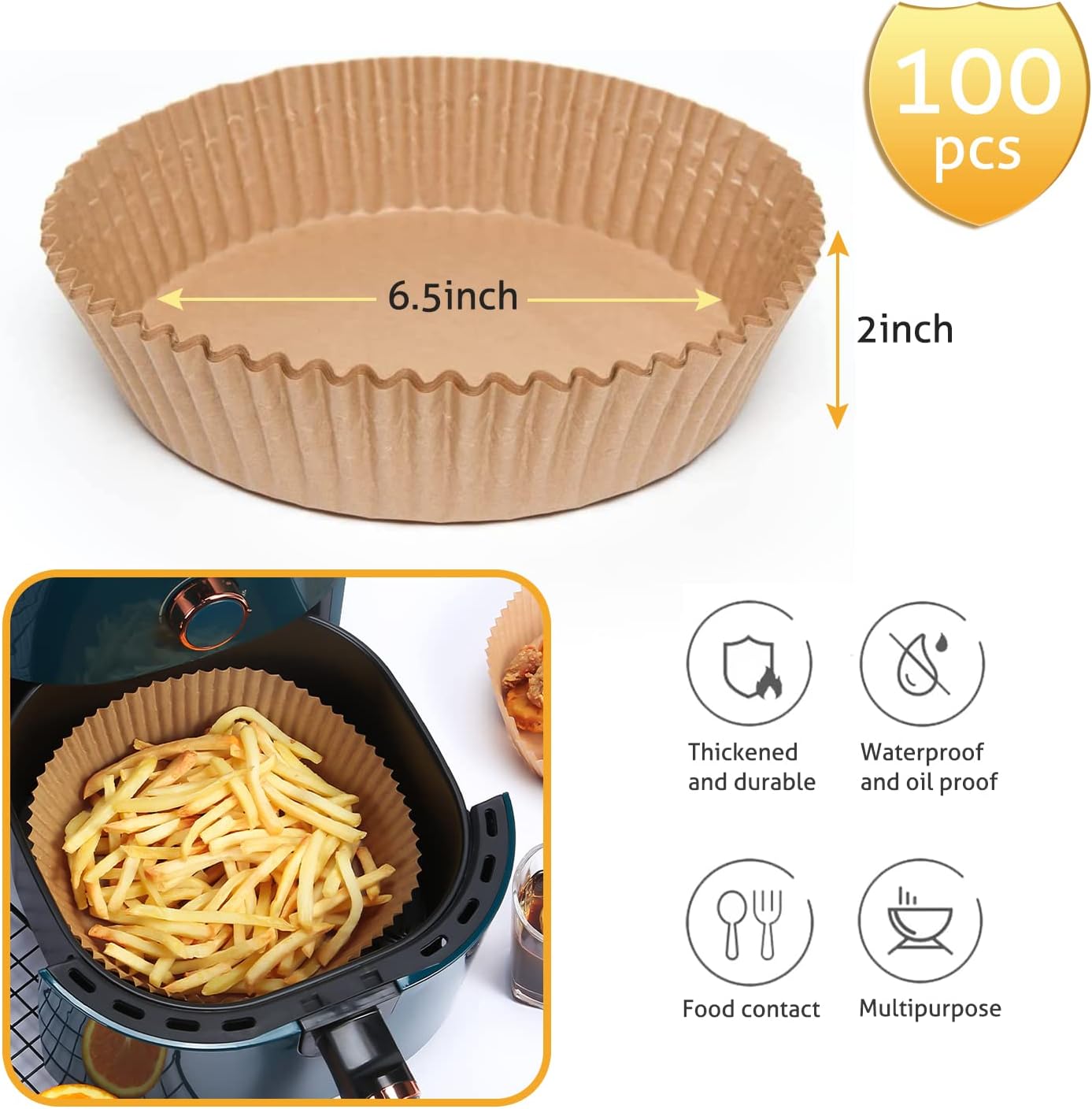 Ailun Air Fryer Paper Liners 6.5inch, 100PCS Non-Stick Parchment Paper,Oil Resistant,Disposable Food Grade Free of Bleach Paper Round for 2-5 QT Air Fryer Baking Roasting Microwave - Image 2
