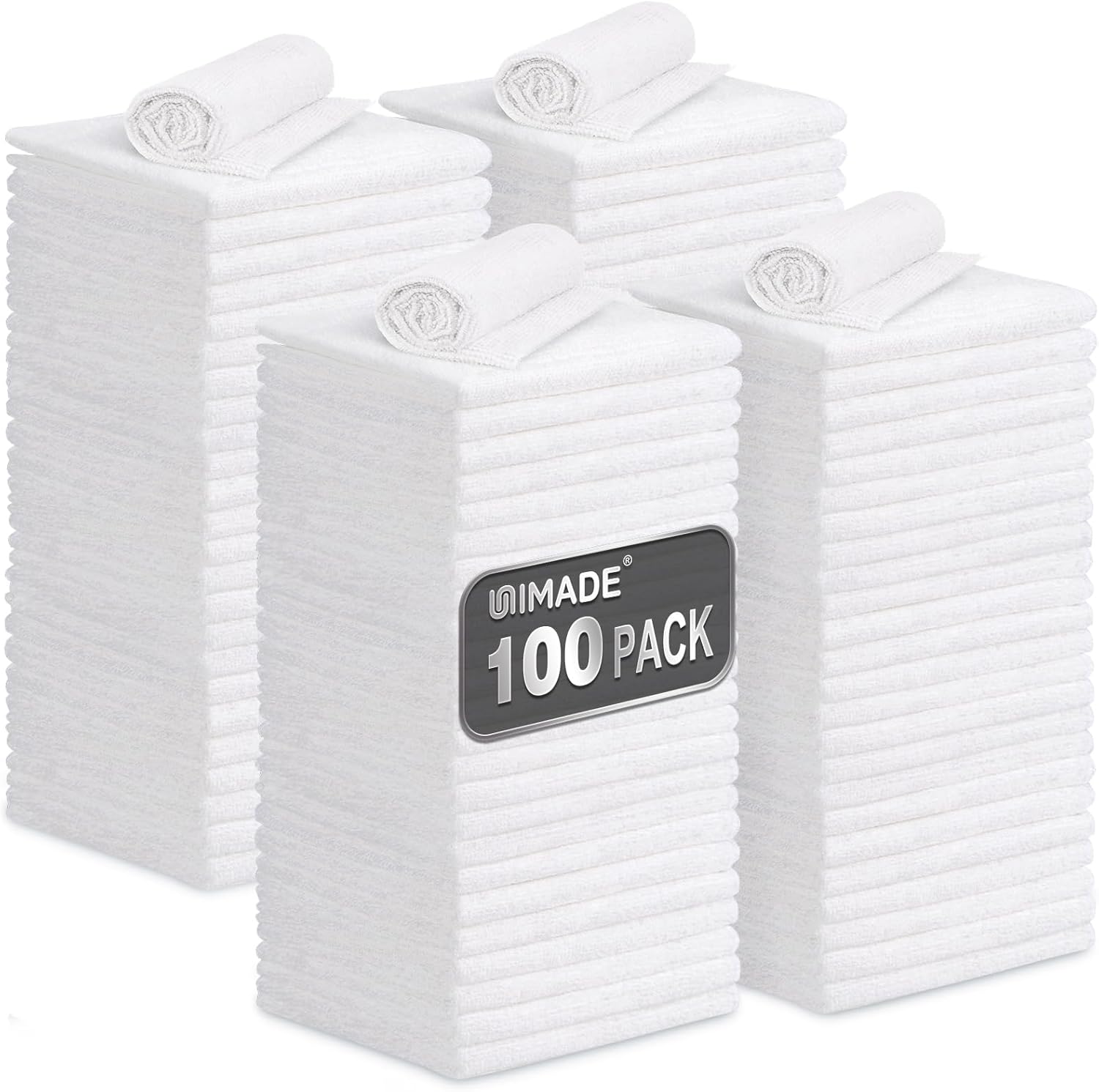 UNIMADE Shop Towels, 100 Pack Commercial Grade Work Rags Microfiber Towels for Cars Cleaning Rags Bulk Detailing Cloth for Automotive Bar Mechanic Restaurant Garage Housekeeping, 11.5"x 11.5", White