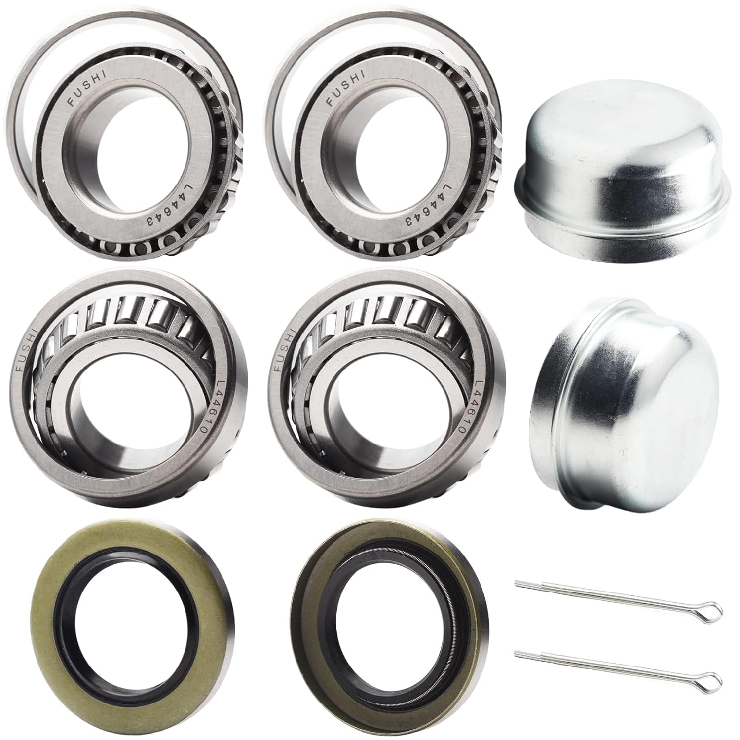 2 Set Fits for 1'' Axles Trailer Wheel Hub Bearings Kit, L44643/L44610,1.000" ID, 1.980" OD, 0.580" Width,12192TB Seal OD 1.980'',Dust Cover and Cotter Pin.