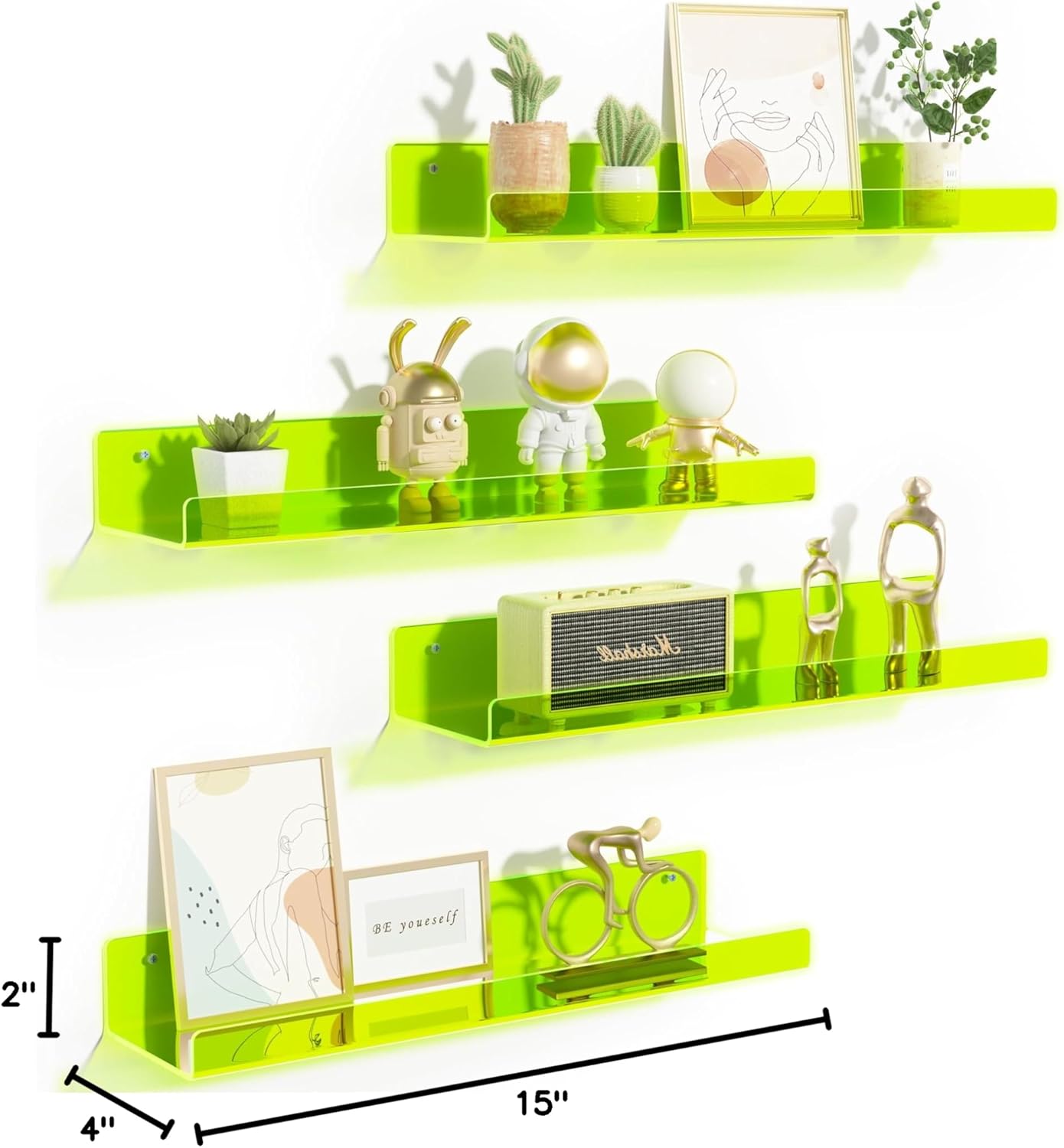 upsimples Acrylic Shelves for Wall Decor, 15" Display Shelf for Figure, Nail Polish, Wall Organizer for Bathroom, Bedroom, Living Room, Playroom, Kids Bookshelf, Clear Fluorescent Green, 4 Pack - Image 3