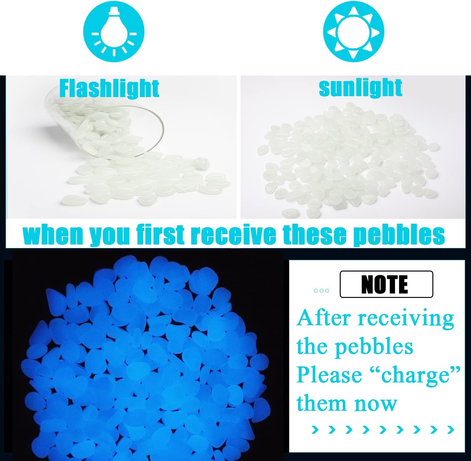 Oubest Glow in The Dark Pebbles/Glow Stones/Glowing Rocks Blue Decor for Garden/Fish Tank/Aquarium/Walkway/Driveway/Plant Pots/Bonsai (100, White) - Image 2