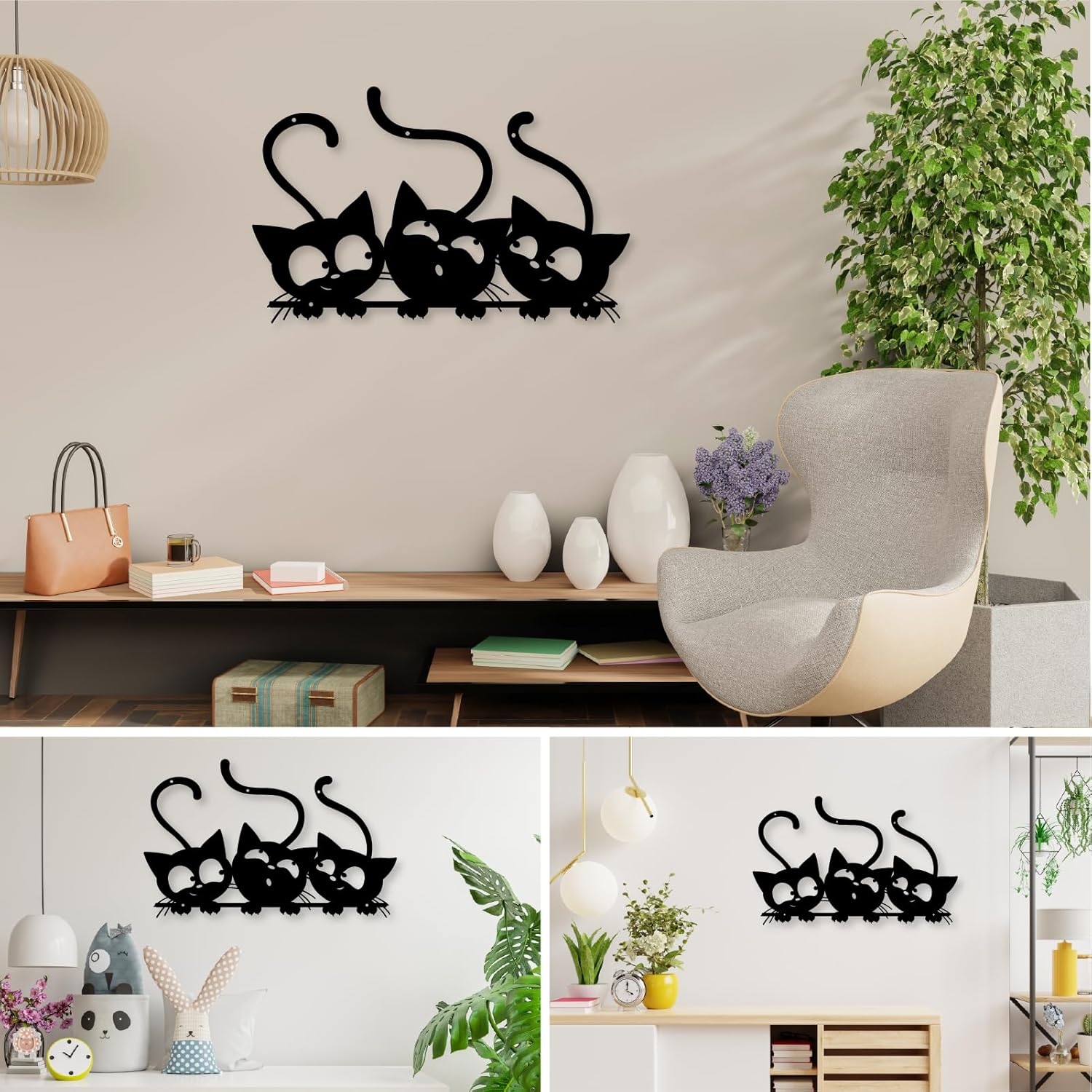 Monlyey Three Black Cat Wall Art, Metal Cat Wall Decor, Black Cat Wall Sculpture For Cats Lover, Minimalist Room Living Room Patio Wall DéCor (Length:12 Inches) - Image 5