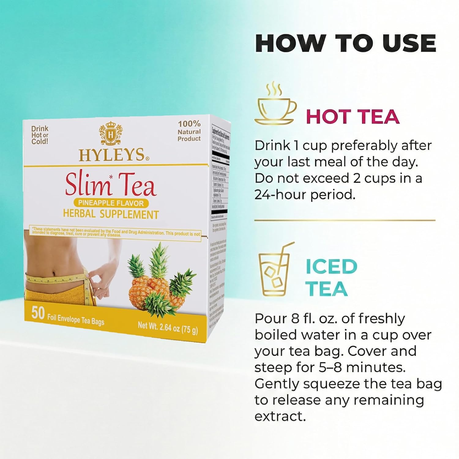 HYLEYS Slim Tea Weight Loss Herbal Supplement with Pineapple - Cleanse and Detox - 50 Tea Bags (1 Pack) - Image 4