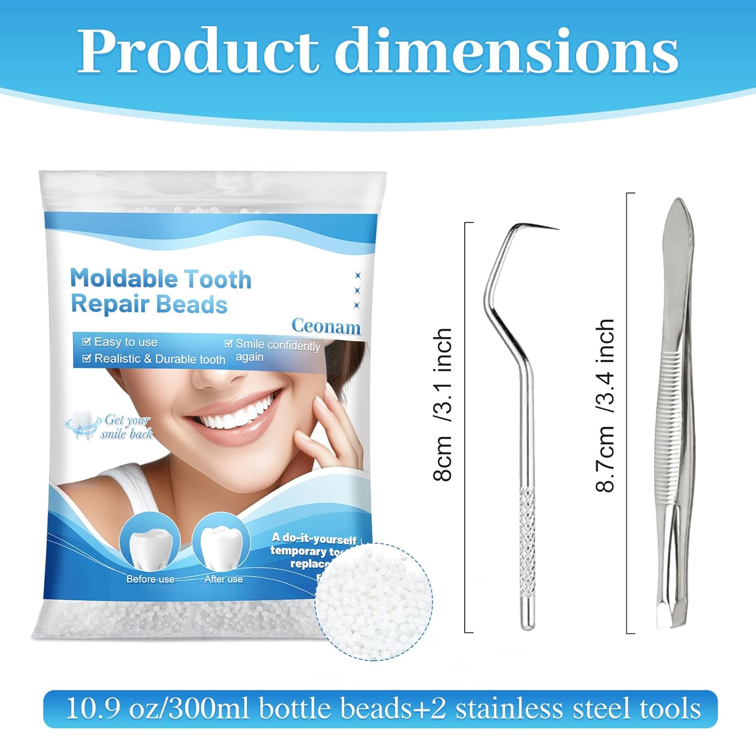 10.9oz Tooth Repair Beads - Teeth Replacement Kit for Temporary Restoration of Missing and Broken Teeth, DIY Heat Fit Beads for Denture Repair and Oral Care - Image 2