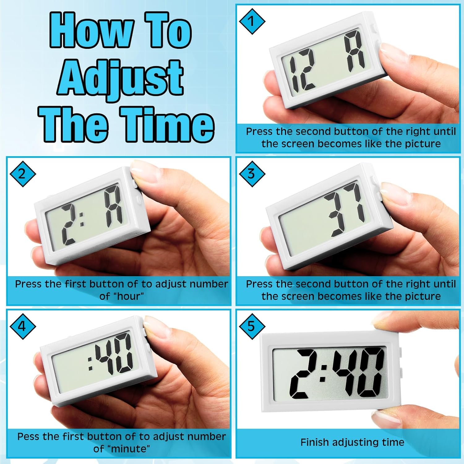 Frienda 6 Pieces Mini Digital Clock Small Digital Clock Stick on Battery Operated Self Adhesive Bracket for Car Dashboard Fridge (White) - Image 5