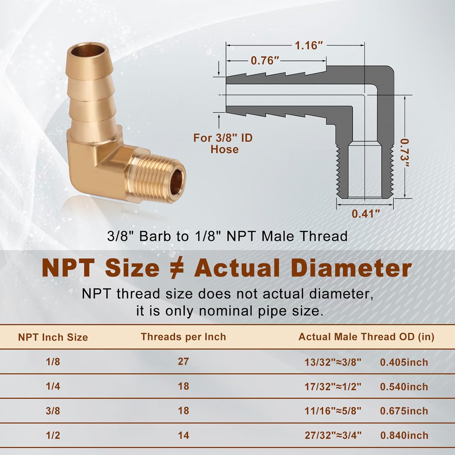 5pcs Brass Hose Barb Fittings 90 Degree Elbow 3/8 Inch Barb to 1/8 Inch NPT Male Thread Air Hose Fittings Adapter Connector Water Fuel Air Line Fittings Elbow Fittings - Image 2