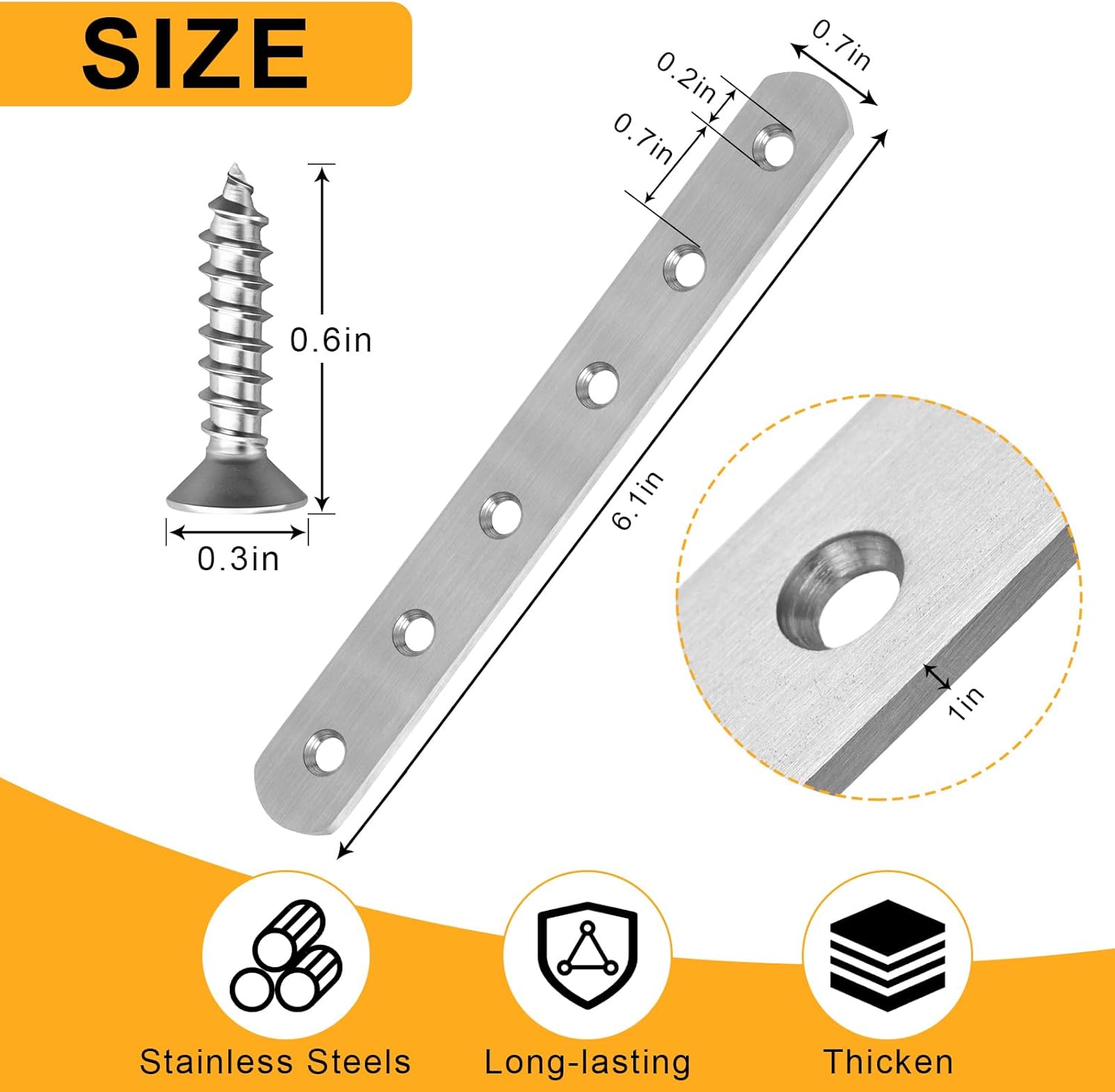 4 PCS Straight Brackets, 6 inch Flat Straight Braces, Stainless Steel Brace Bracket with 24 Pcs Screws for Furniture Repair Fixing - Image 2