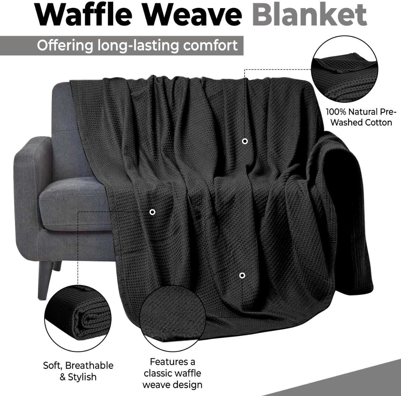 100% Cotton Blankets for Bed - Waffle Weave Blankets for Summer, Lightweight and Breathable Soft Woven Blanket for Spring (Black, Throw (50" x 60")) - Image 4