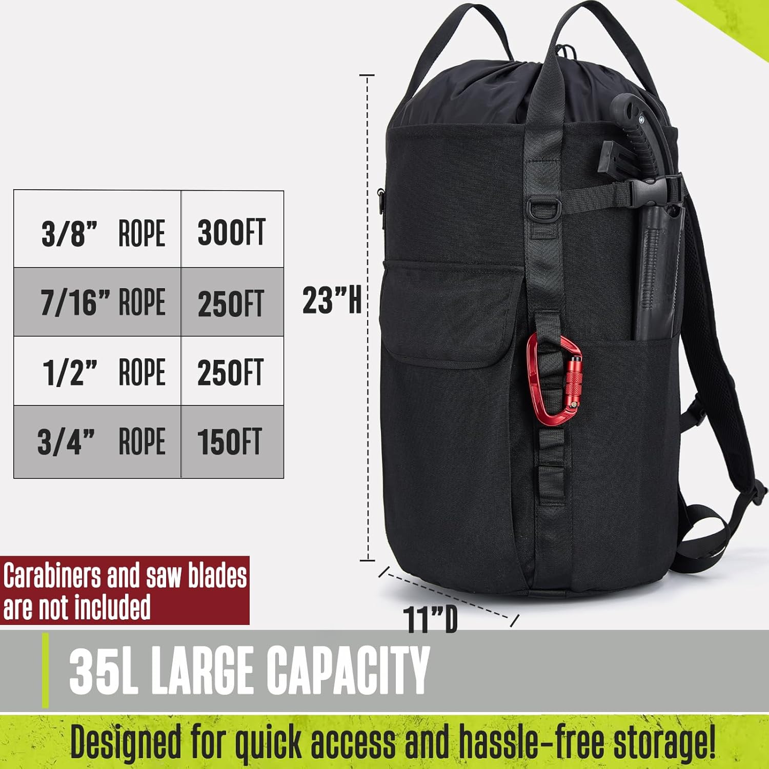 Arborist Rope Bag, 35L Tree Climbing Rope Bag, Arborist Equipment Bucket Backpack, Arborist Gear Carrier Bag with Side Pockets, Tough Rock Climbing Backpack, Rock and Tree Climbing Gear - Image 3