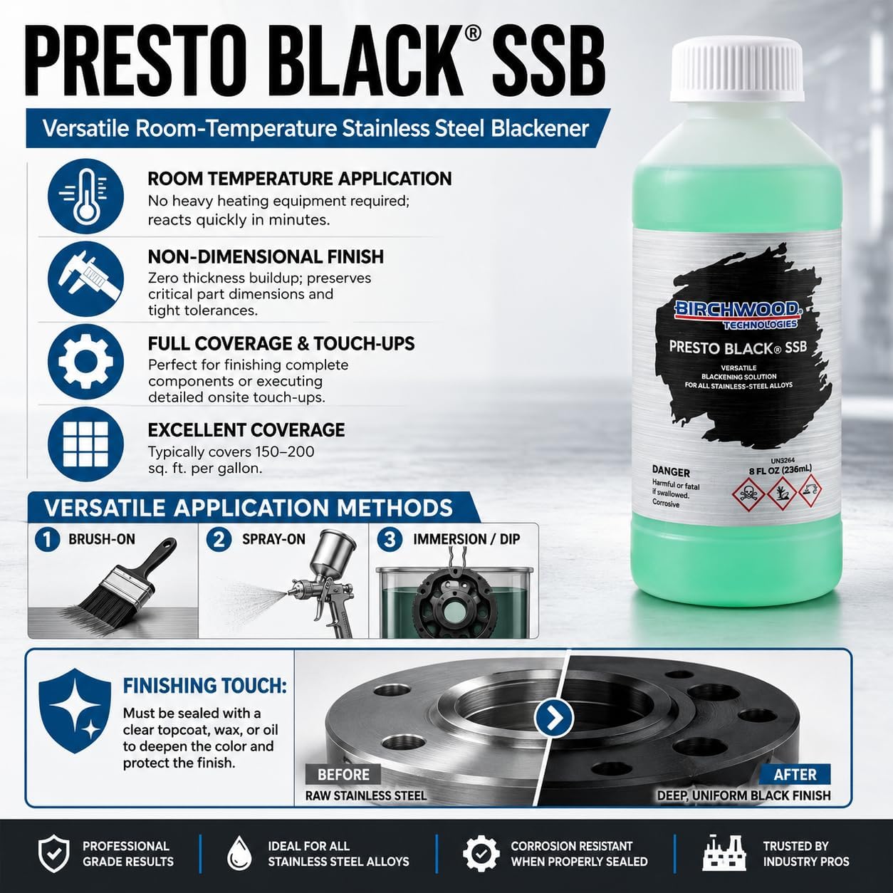Birchwood Presto Black Stainless Steel Blackener (SSB) Technologies - cold brush on blackening solution for STAINLESS alloys, traditional patina stainless black oxide touch-up - Image 2
