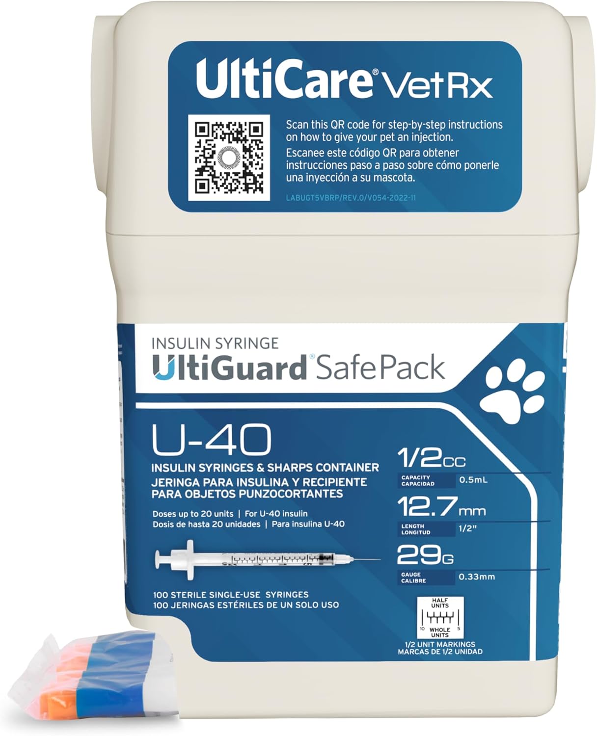 UltiCare VetRx U-40 UltiGuard Safe Pack Pet Insulin Syringes 1/2cc, 29G x 1/2", 100 ct (With 1/2 Unit Markings)