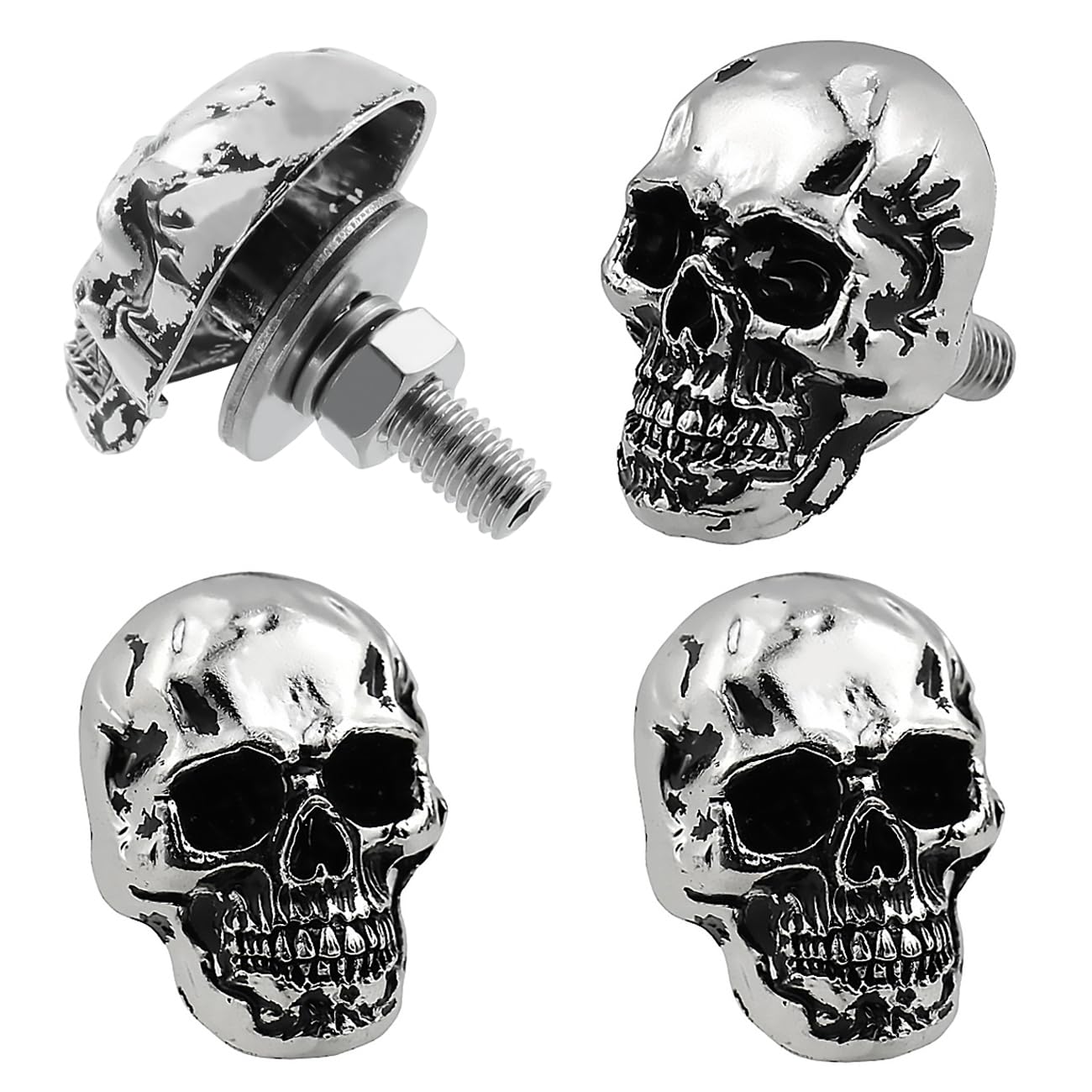 Skull License Plate Screw Fasteners Decorative Cool Funny License Plate Bolts License Plate Frame Kit 4 Pcs Aluminum Alloy Universal Fit Most Cars Truck Motorcycle Vehicle Silver