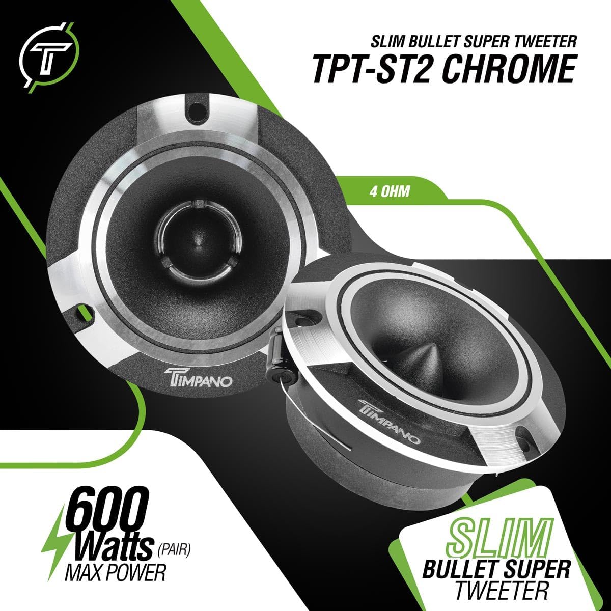 Timpano TPT-ST2 Chrome Slim Super Tweeter, 600 Watts 4 Ohm, 105 dB, 1 in Voice Coil, 3.85 inch Pro Car Sound System Bullet Tweeters (Pair) - Image 2