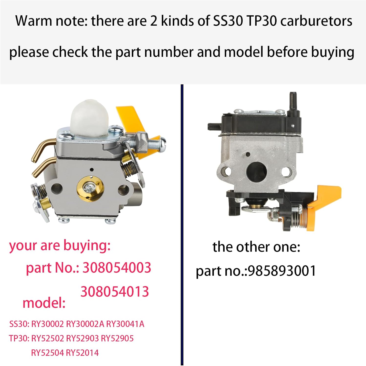 CS26 Carburetor for Ryobi CS26 CS30 SS26 SS30 26cc 30cc Engine RY30220 RY30160 RY30522 Weed Eater 308054043 308054077 308054013 Carburetor for Homelite Trimmer Blower Parts - Image 2