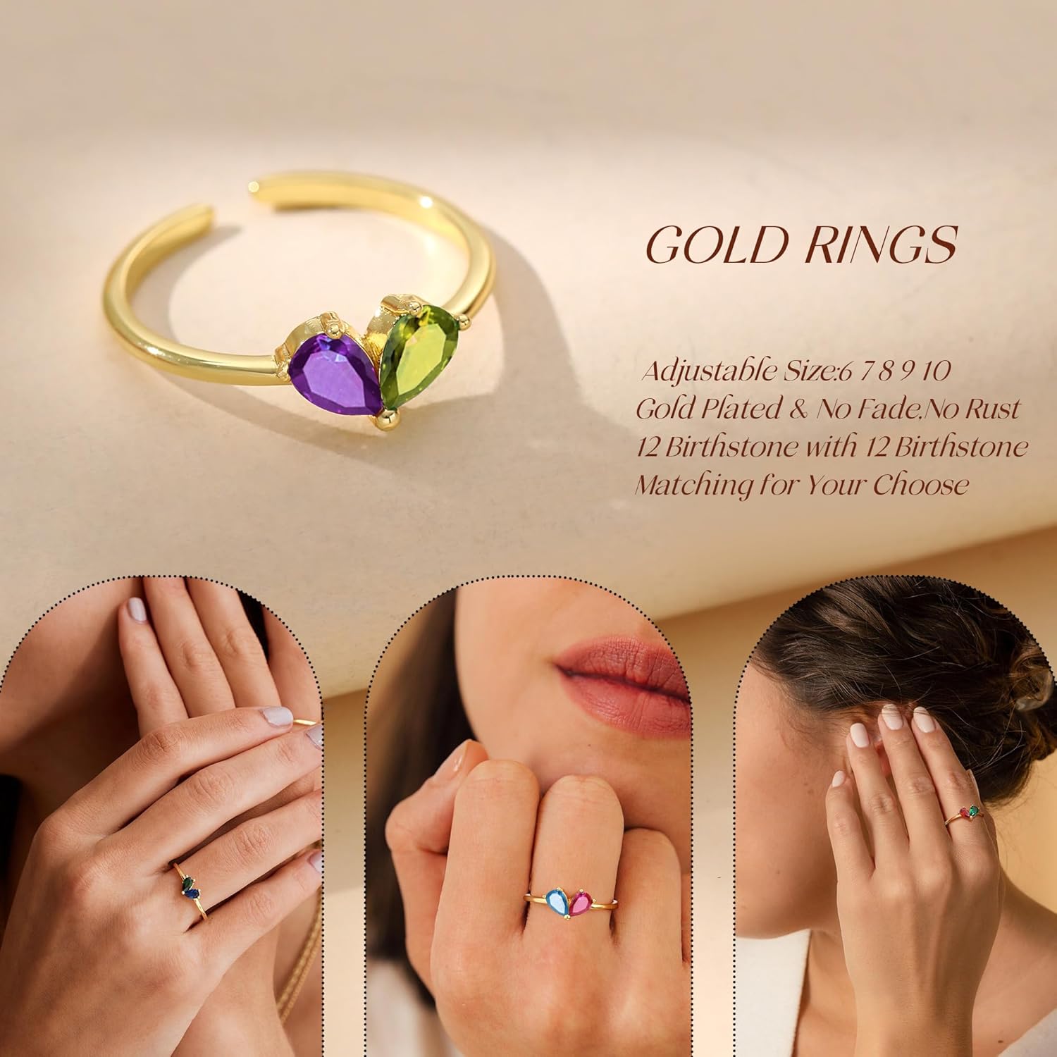 Birthstone Rings for Women, Non Tarnish Gold Rings 2026 Graduation Gifts Birthday Gift Trendy Teen Girl Stuff Dainty 14K Plated Adjustable CZ Stacking Promise Ring Anniversary Jewelry for Friend Sister Girlfriend Daughter - Image 6
