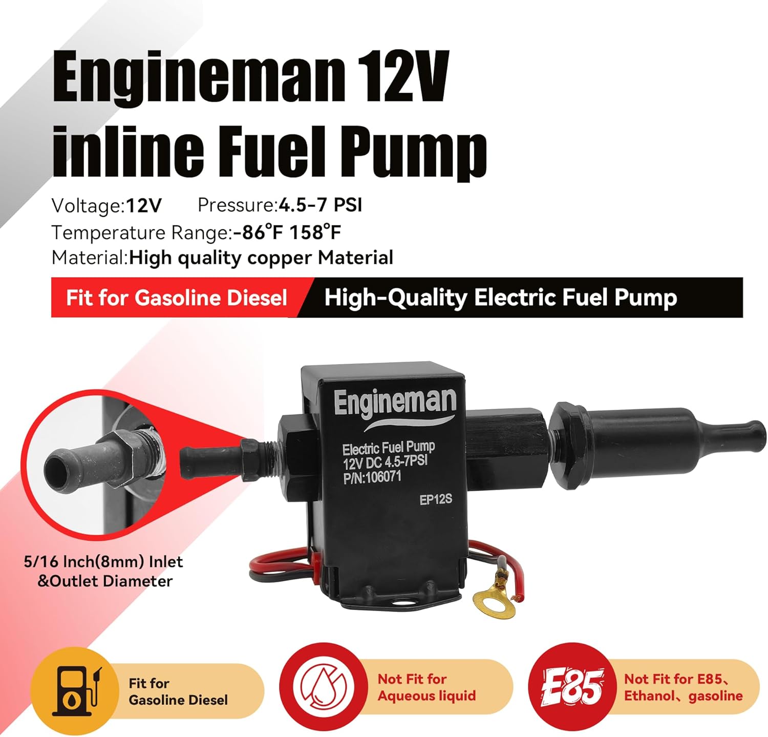 Universal Electric Fuel Pump Kit 12V 4.5-7psi Electric Fuel Pump with Mounting Bracket, Fuel Filters, Hose Clamps, 6.56 FT 5/16" ID Fuel Line - Image 2