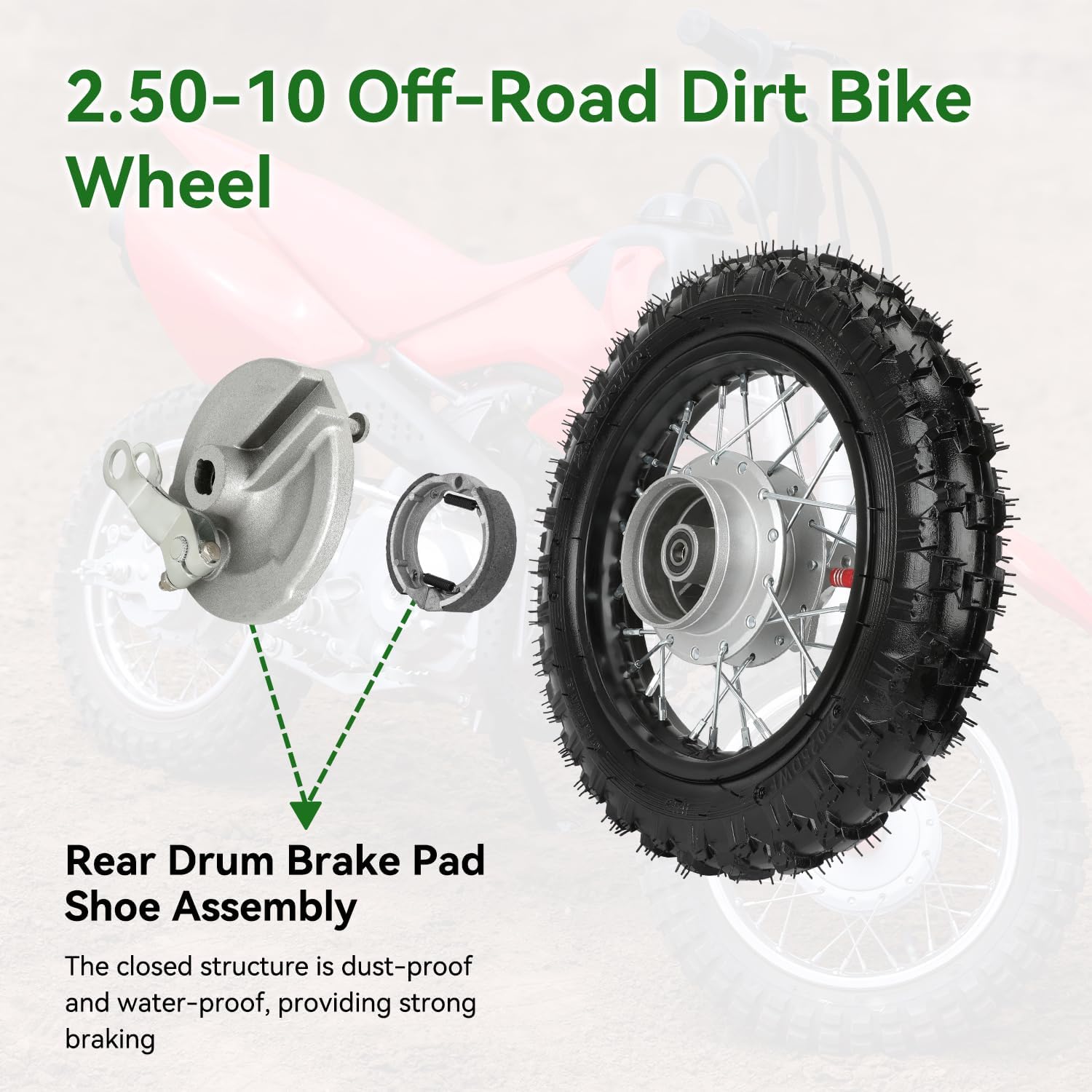 2.50-10 Dirt Bike Rear Wheel Drum Brake Assembly Compatible with CRF50 XR50 TTR50 SSR Taotao Apollo, 2.5-10 2.50x10 Tire & Rim for 50cc 70cc 90cc 110cc Pit Bike Off Road Motorcycle Parts - Image 4