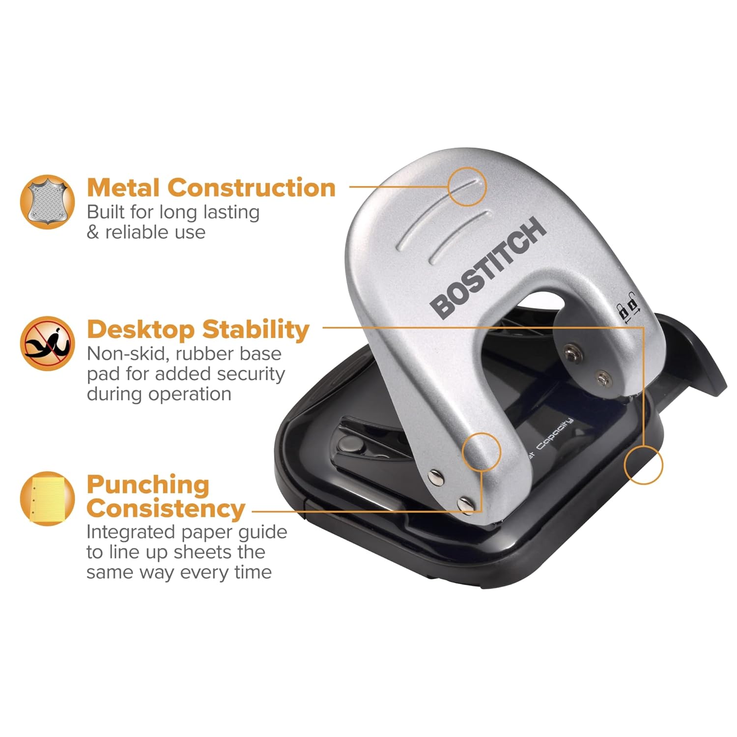 Bostitch Office EZ Squeeze Reduced Effort 2-Hole Punch, 2 Sheets, Locking Handle, Silver (231) - Image 3