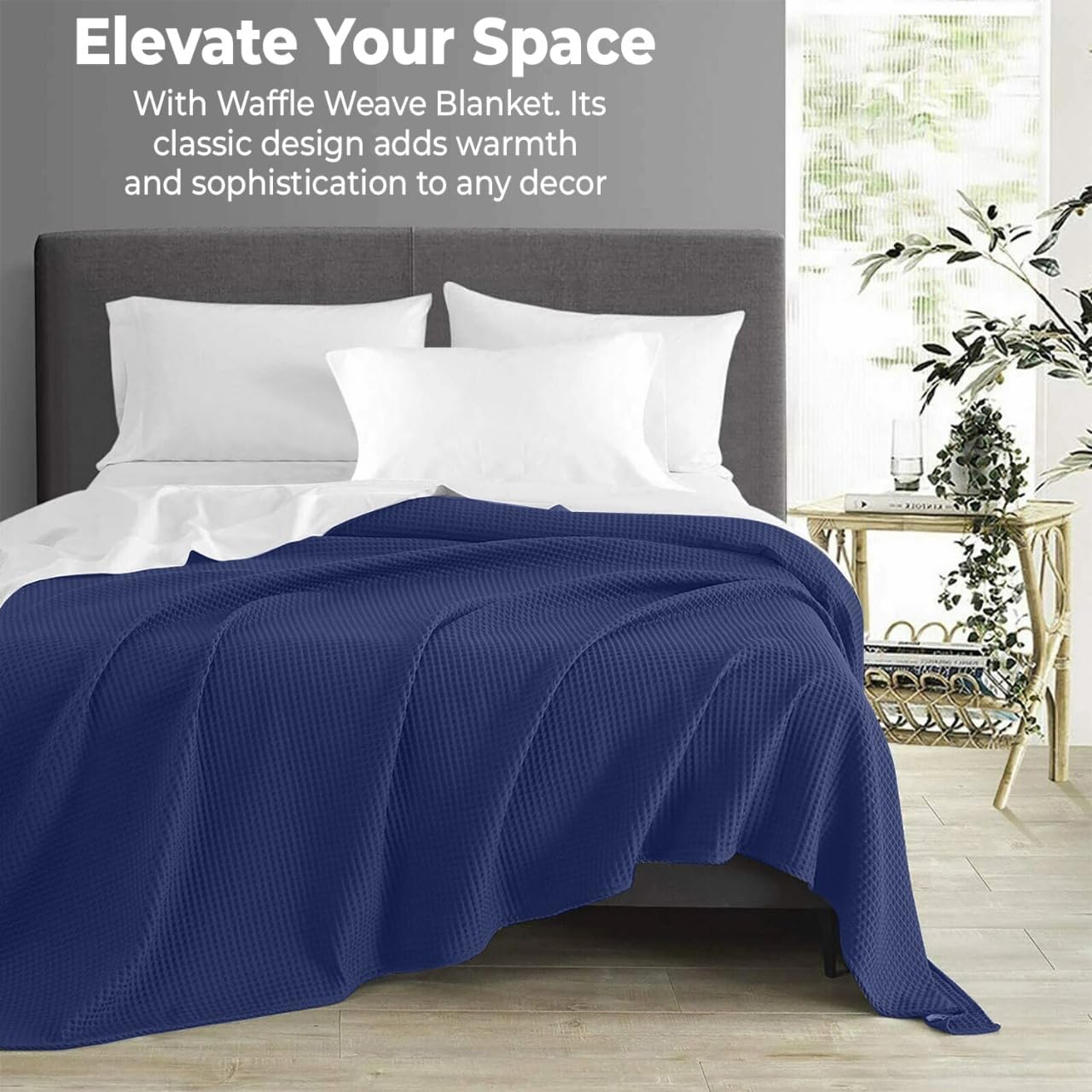 100% Cotton Blankets for Bed - Waffle Weave Blankets for Summer, Lightweight and Breathable Soft Woven Blanket for Spring (Navy, Queen (90" x 90")) - Image 4