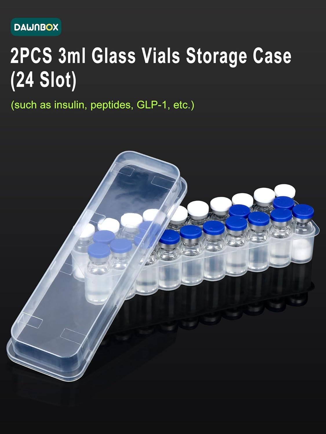 2 Pack Peptide Case for Fridge 24-Slot, 3ml Vial Storage Case for Refrigerator, Insulin Cooler Travel Case TSA Approved, 3ml Peptide Vial Storage Holder for Insulin, GLP-1, Peptides -DawnBox- Clear - Image 2