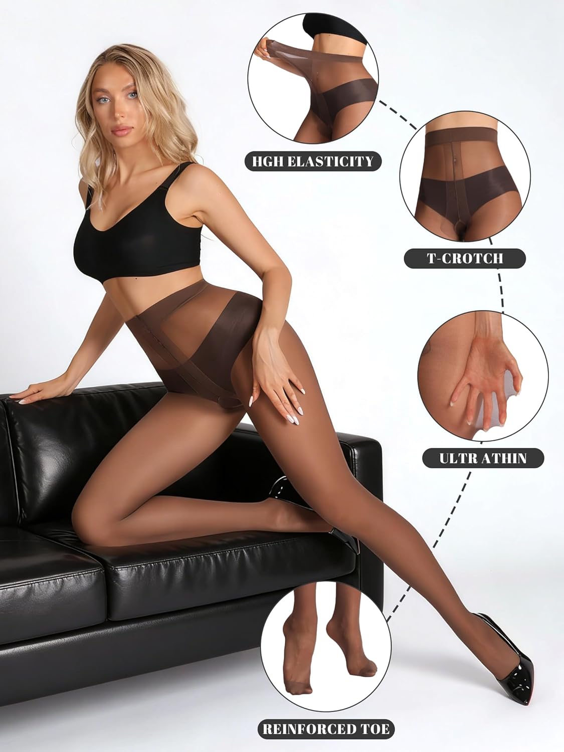 HONENNA Sheer Tights for Women 2 Pairs Ultra Thin Reinforced T Crotch Control Top Pantyhose Stockings - Image 2