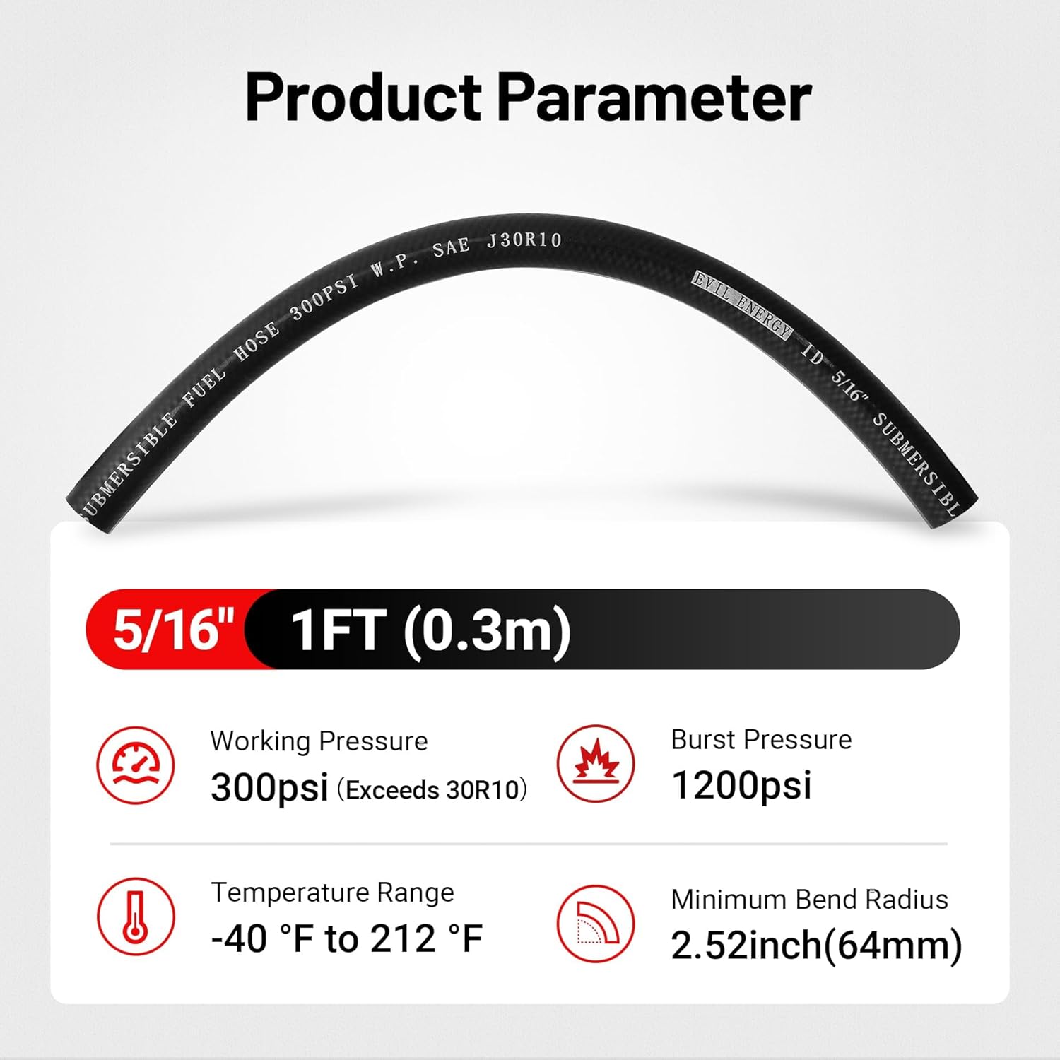 EVIL ENERGY 5/16" Submersible Fuel Hose E85 In Tank Line SAE 30R10 For Automotive Fuel Systems 1FT 300PSI - Image 4