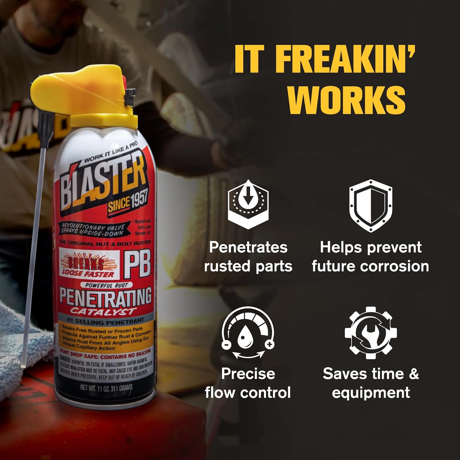PB Blaster Penetrating Oil Spray, 11 oz Aerosol Cans (12-Pack) – Rust Remover & Bolt Loosener for Stuck Nuts, Bolts & Rusted Parts – Penetrating Catalyst for Automotive & Mechanical Use - Image 3