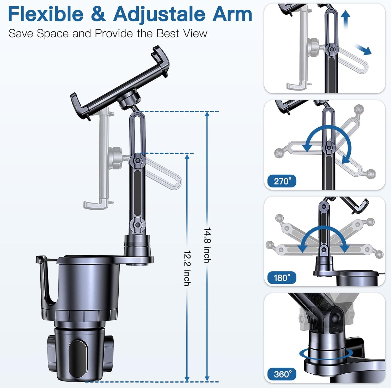 Cup Holder Phone Tablet Mount, 2 in 1 iPad Car Cup Holder with Expander Adjustable Arm for 4.7-10 inches Phone Tablet Mount Compatible for iPad Pro Air Mini, Fire,iPhone 17,Galaxy Phones - Image 4