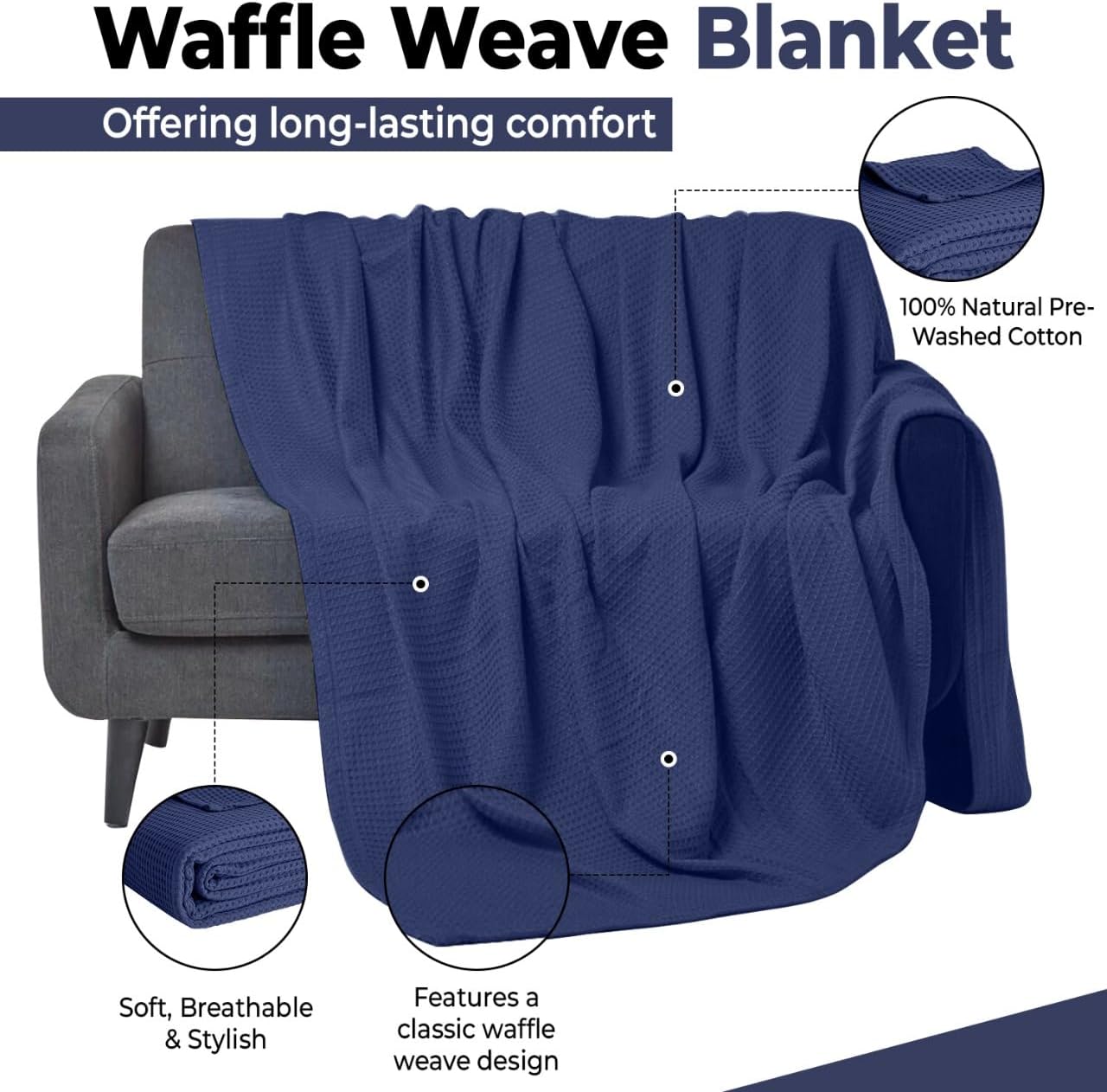 100% Cotton Blankets for Bed - Waffle Weave Blankets for Summer, Lightweight and Breathable Soft Woven Blanket for Spring (Navy, Queen (90" x 90")) - Image 2