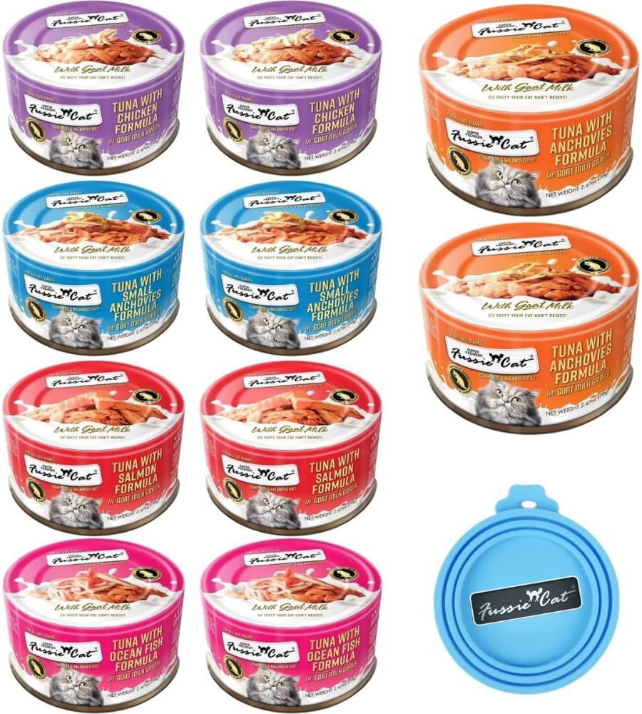 Fussie Cat Super Premium Canned Wet Cat Food in Goat Milk Gravy -2.47 oz Sized Cans - Variety Pack of 5 Flavors -2 Each (10 Cans Total) Plus lid