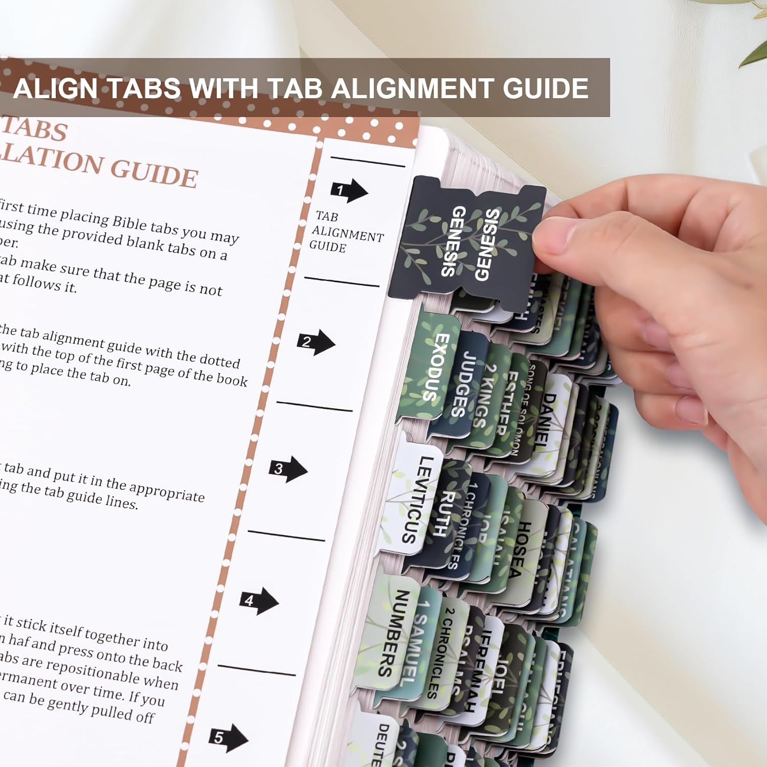 Laminated Bible Tabs for Women & Men - Large Print Tabs for Study Bibles, Boho Theme for Easy Navigation and Quick Reference - Easy-to-Read and Apply Tabs for All Ages, Leaves Pattern - Image 2