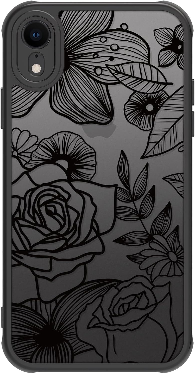 Dumkery Cute Flower Phone Case Compatible with iPhone XR, Rose Aesthetic Black Line Art Floral Pattern Print, Hard PC and TPU Heavy Duty Protection Shockproof Cases Cover for Girls Women