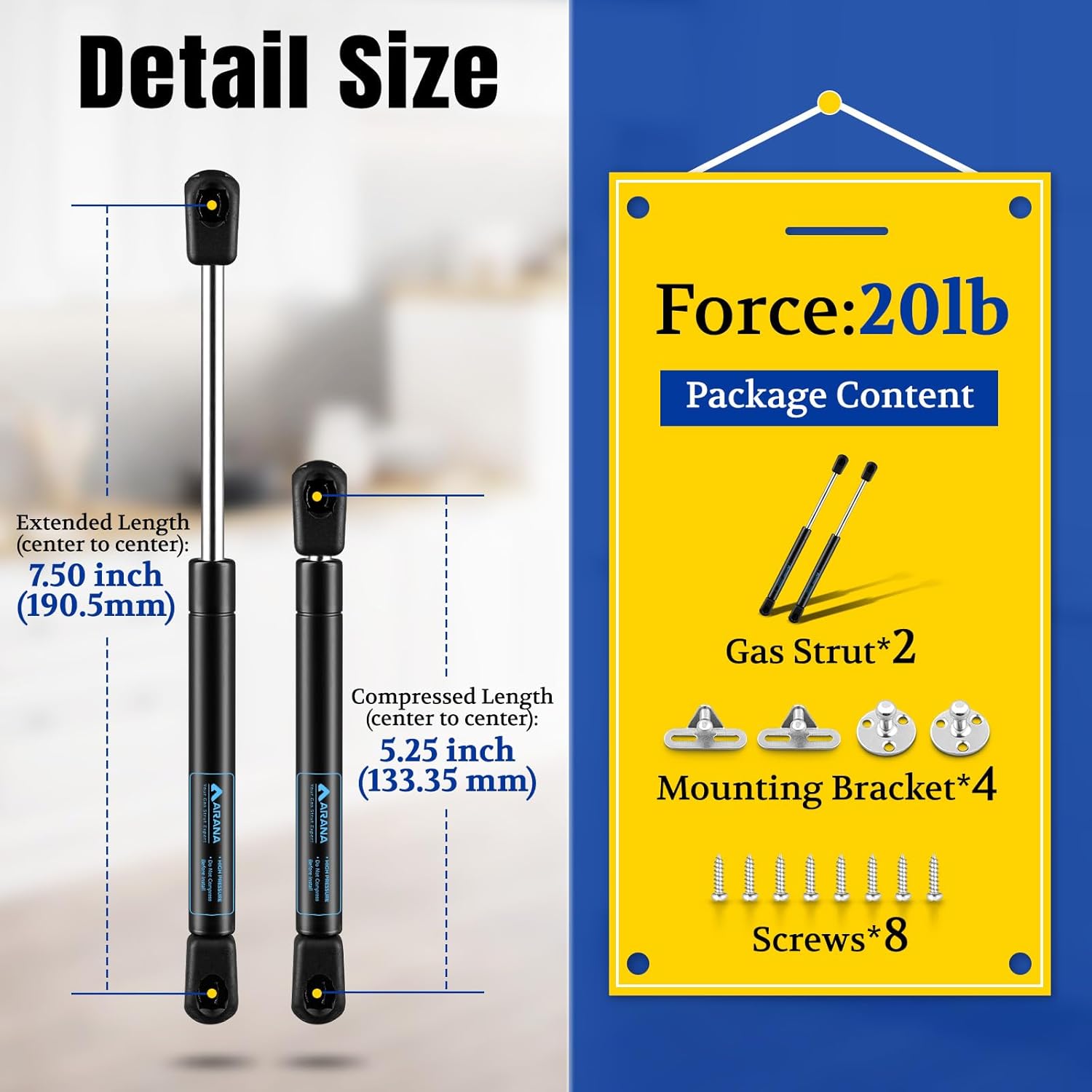 ARANA ML31-20 7.5 Inch 20Lb Gas Struts, 8''89N Gas Spring Lift Support for Sentry Safe Replacement Parts RV Cabinet Lid Sentrysafe Door Toolbox Toy Box Lid,C1615046,Set of 2 - Image 2