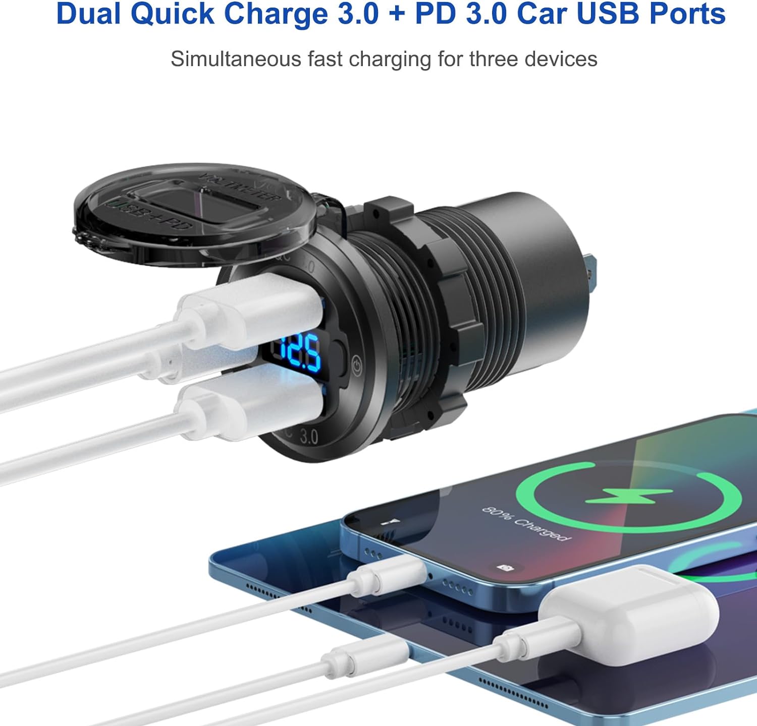 12V USB Outlet Boat Accessories Marine Switch Panel Plug, PD3.0 and Dual QC3.0 USB Ports Aluminum Car Charger with Voltmeter, Lighted 150W Cigarette Lighter Socket and Toggle Switch 3 in 1 DIY Kit - Image 2