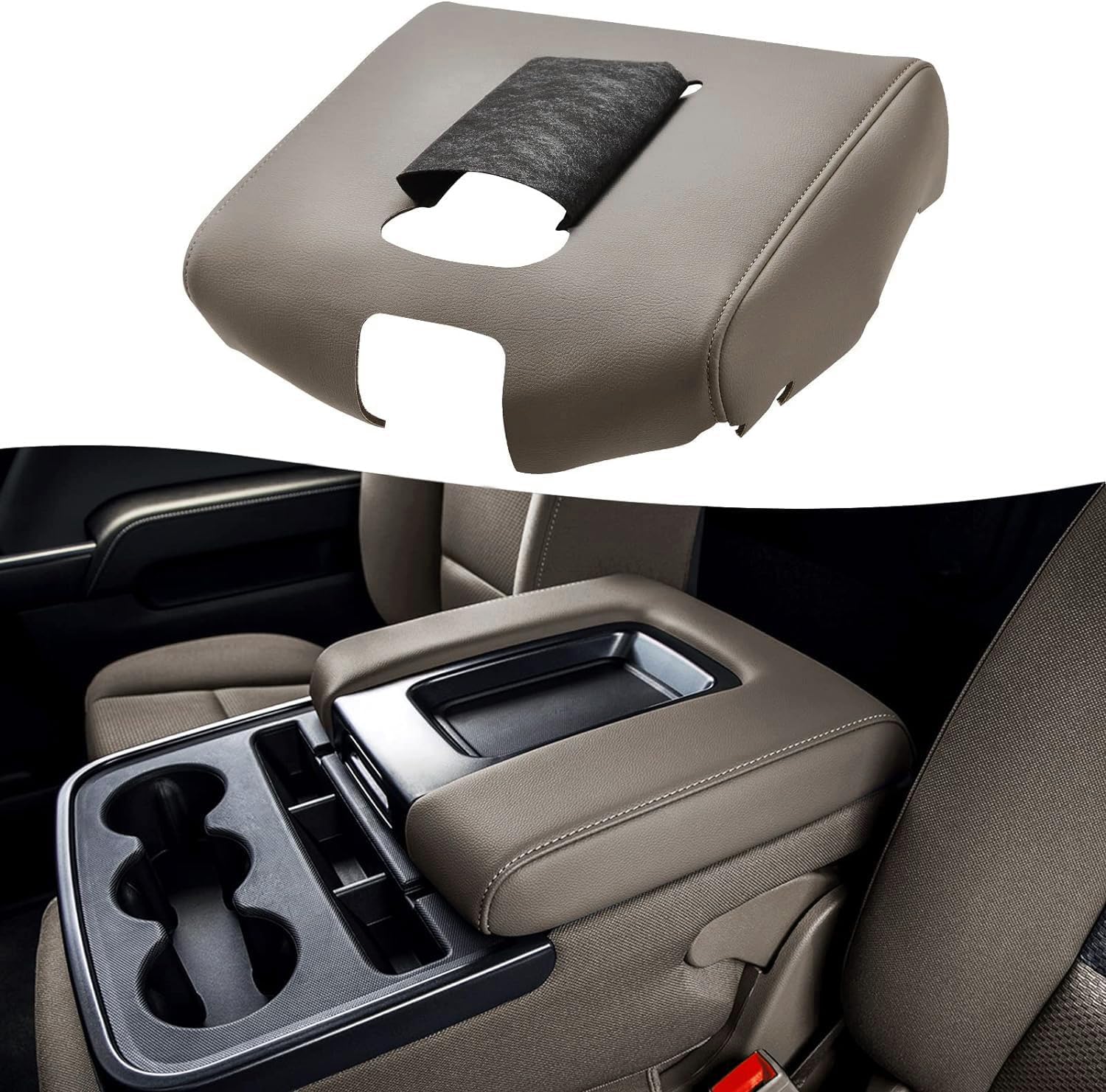 KBH Center Console Armrest Cover Replacement for Chevy Silverado & GMC Sierra 1500 2500 3500 2014-2018, Vinyl Leather Upholstery, Split Bench Jump Seat (Cocoa Dune Brown)