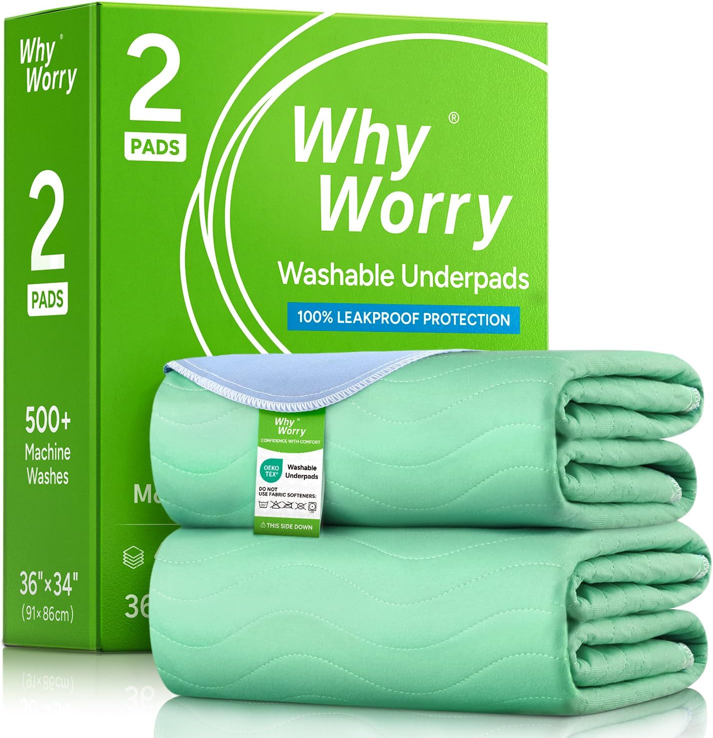 WhyWorry Washable Bed Pads for Adult Incontinence, 34" x 36" (Pack of 2) Washable Pee Pads for Bed Wetting, Heavy Absorbency Reusable Underpads for Elderly & Kids, Waterproof Mattress Protector, Green