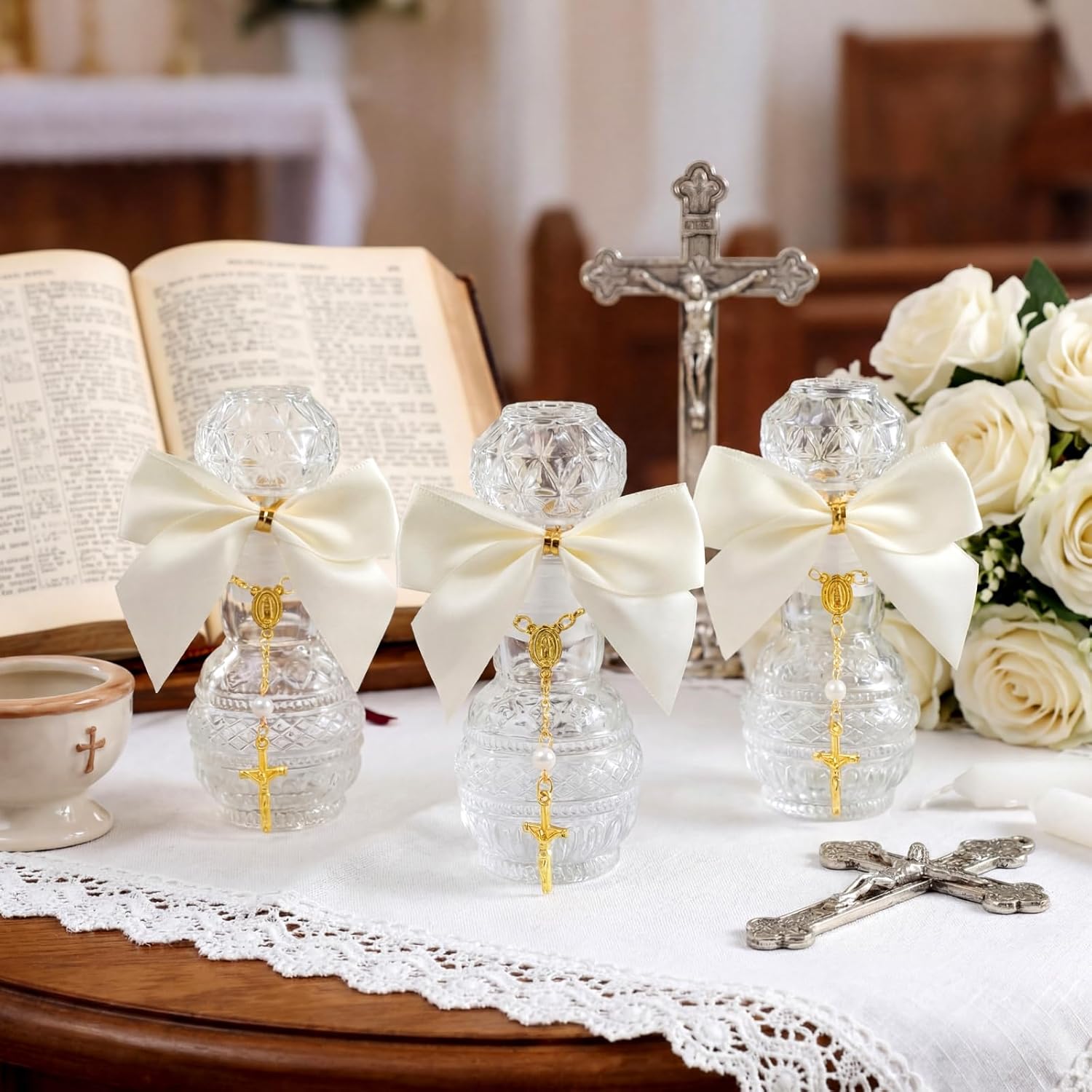 Chuangdi 12 Sets Holy Water Bottles Baptism Favors for Guest Holy Water Container with Cross Rosary Organza Bag Bow 50ml Glass Empty Container for Communion Christian Wedding (Dreamy,White) - Image 6