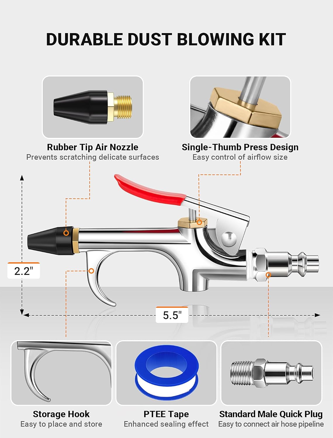 4Pcs Air Blow Gun Kit, 2-Way Connection Air Nozzle Blow Gun with 1/4 IN Standard Quick Fitting & Rubber Tip, Air Compressor Gun with Stable High-Pressure Airflow for Dust Cleaning and Inflation - Image 2