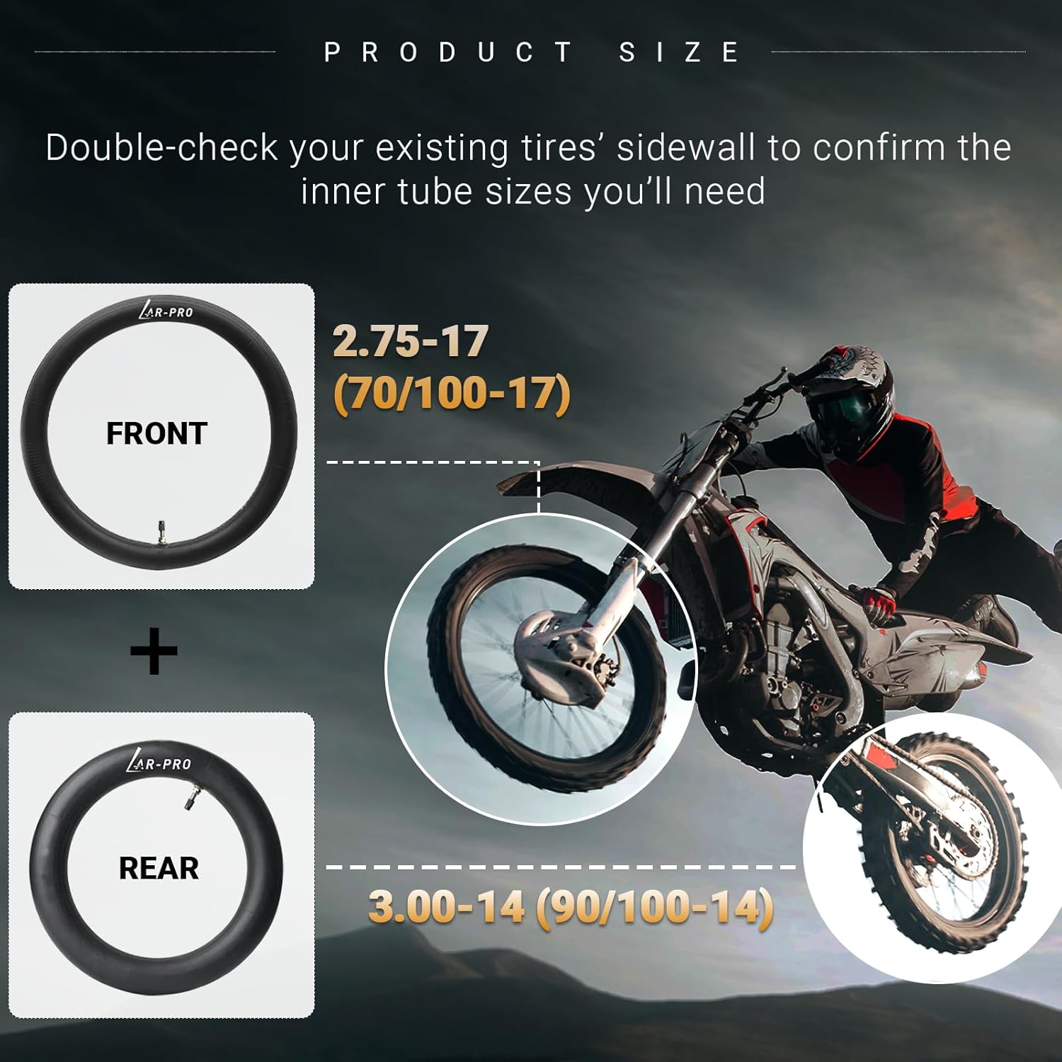 (2-Pack) 2.75-17 (70/100-17) Front and 3.00-14 (90/100-14) Rear Inner Tube for Dirt Bike Tires - Compatible with Honda Trail, Baja Motorsports, 110cc, 125cc, and 140cc Off-Road Bikes and More - Image 2