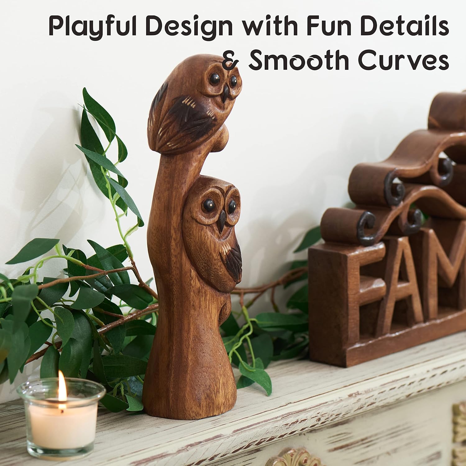 Tapeera Owl Decor - Owl Gifts for Women and Owl Lovers - Decorative Owl Figurines - Wood Owl Statue Figure - Cute Owl Decorations for Home Kitchen Bathroom Bedroom - Owl Sculpture - Mini Owl Ornament - Image 2
