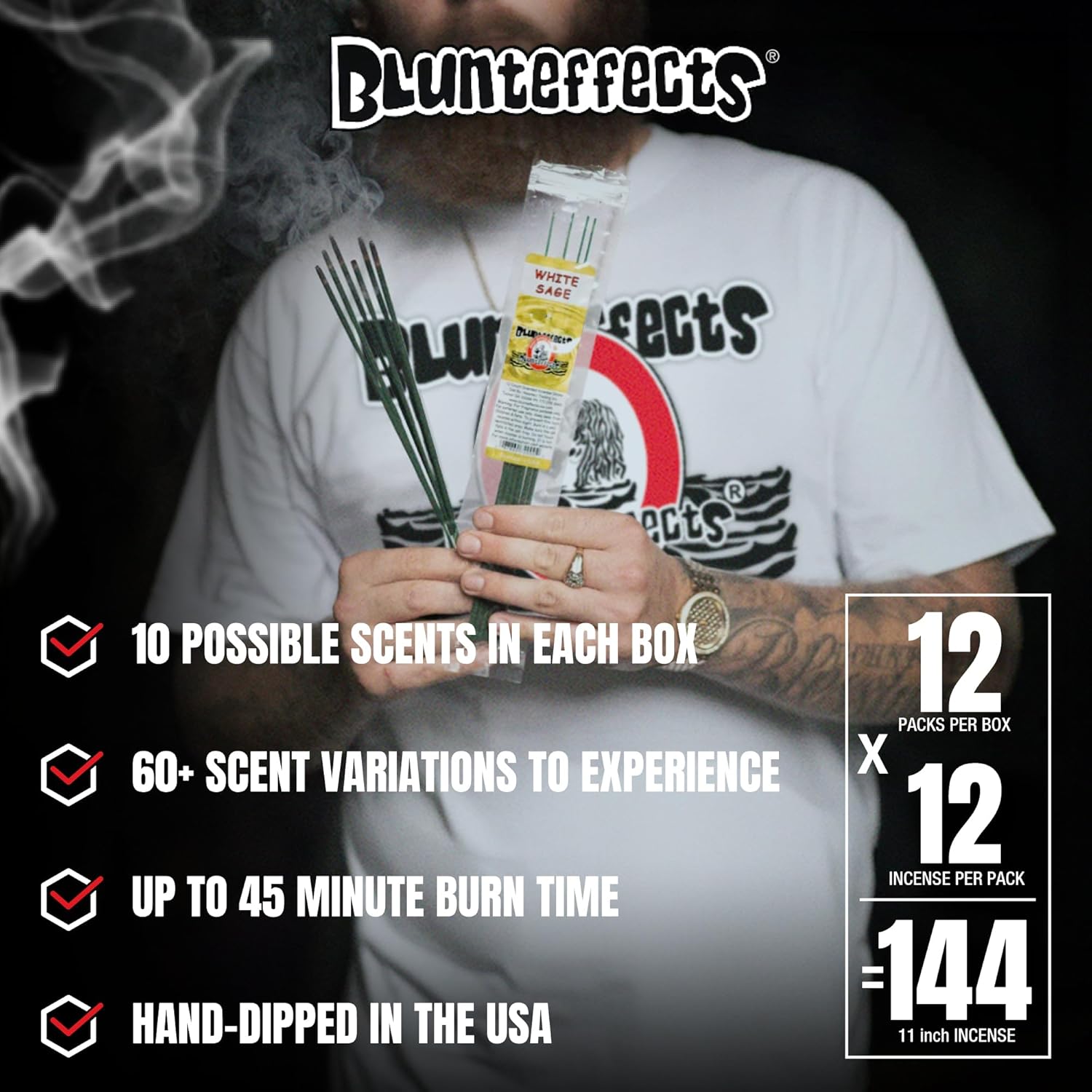 Blunteffects Hand-Dipped Incense Sticks - Premium 144-Pack Variety Set, 12 Different Scents, 11" Long, USA-Made Aromatherapy with Long Burn Time (12 Pack, 144 Total Sticks) - Image 6