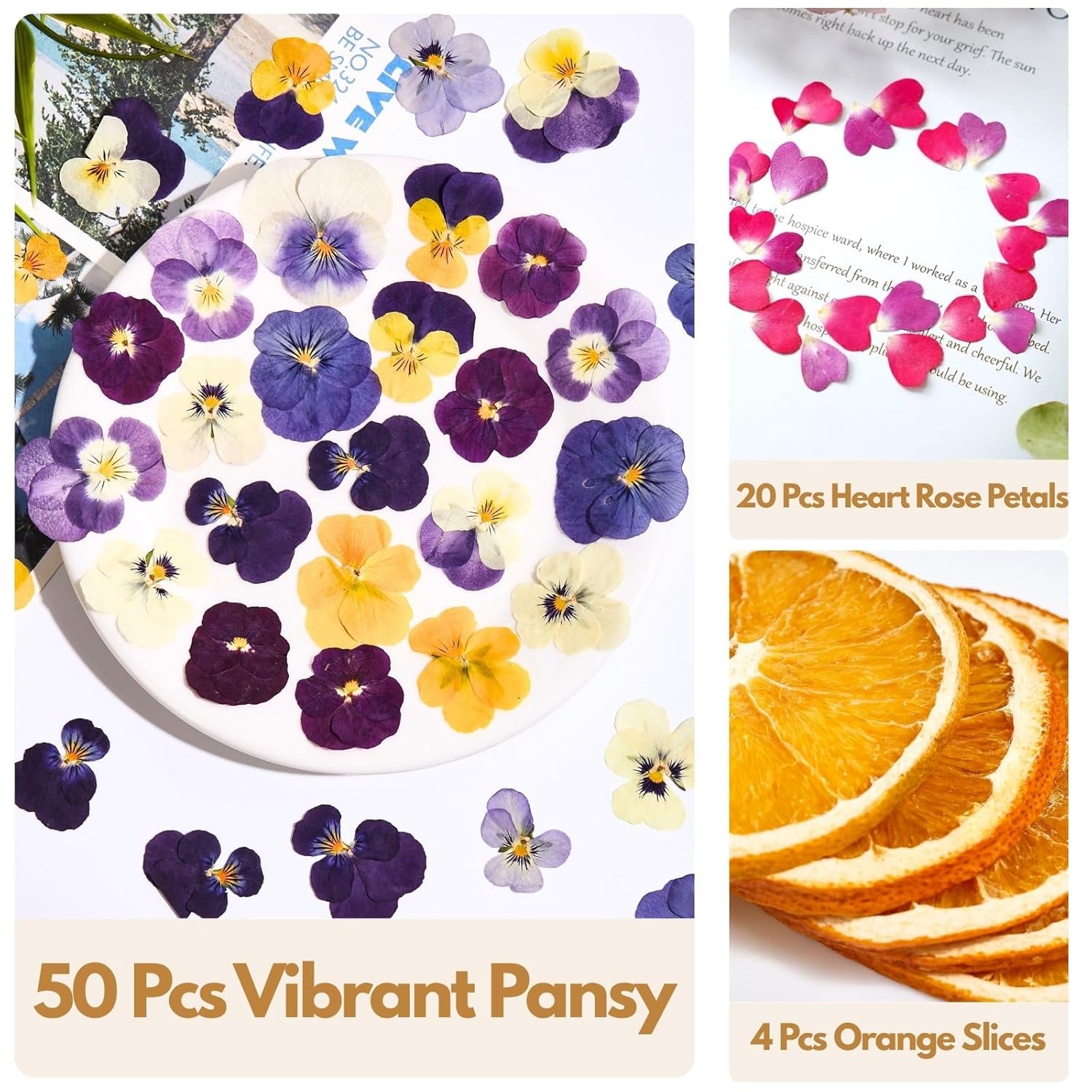 74 Pcs Edible Flowers for Cocktails Cake Decorating Drinks, Real Dried Pressed Flowers Cupcake Toppers, Food Grade Dry Flowers for Crafts Resin Mix with Pansy, Heart Rose Petals, Orange - Image 2