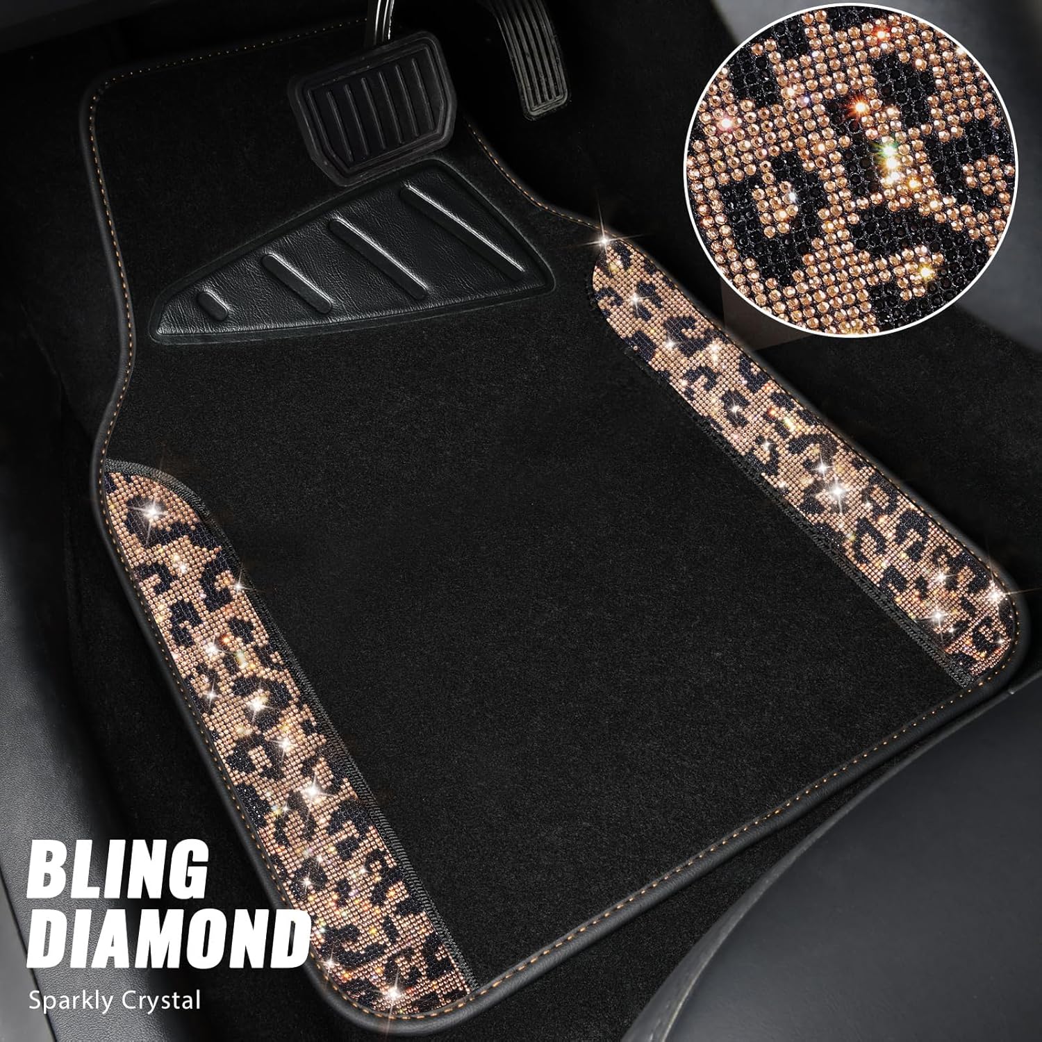 CAR PASS Bling Diamond Car Floor Mats, Shining Rhinestone Carpet Sparkly Glitter Crystal with Anti-Slip PVC Heel Pad Waterproof Universal Fit Automotive SUV,Sedan,Van,Cute Girl Women,4pcs Gold Leopard - Image 2