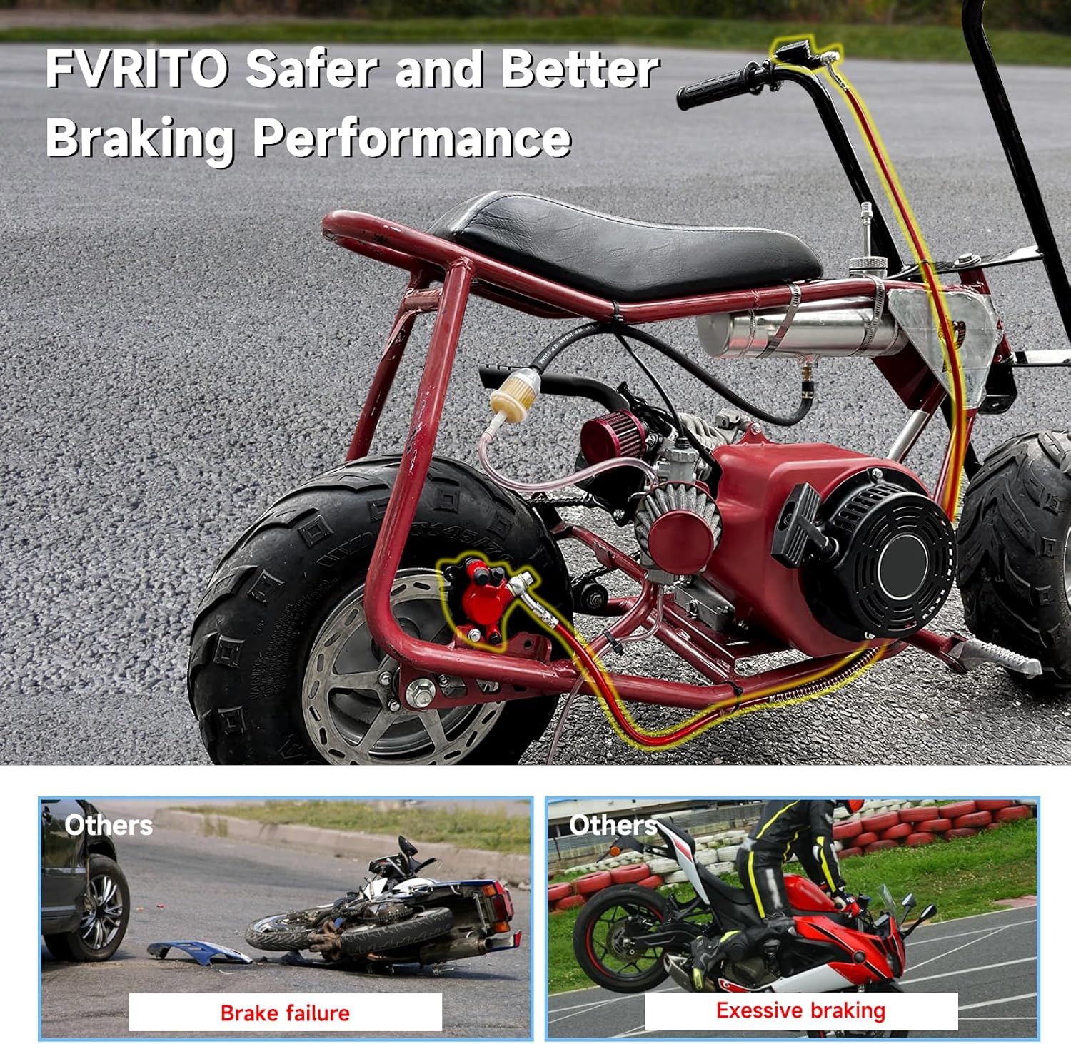 FVRITO Upgraded Mini Bike Hydraulic Disc Brake Kit for Baja DB30 Doodle Bug Blitz Dirt Bug Racer 97cc 79cc Predator 2.8hp Engine with 180mm Brake Disc Rotor Master Cylinder Caliper Pads Assembly Parts - Image 7