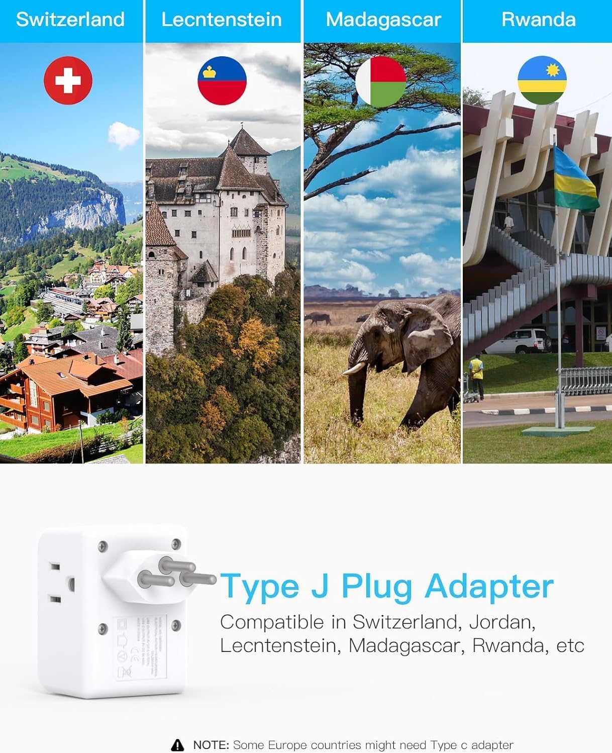 Switzerland Power Travel Plug Adapter, Type J Power Adapter with 2 Outlets 3 USB Ports(2 USB C) for US to Swiss Switzerland Liechtenstein Rwanda - Image 3