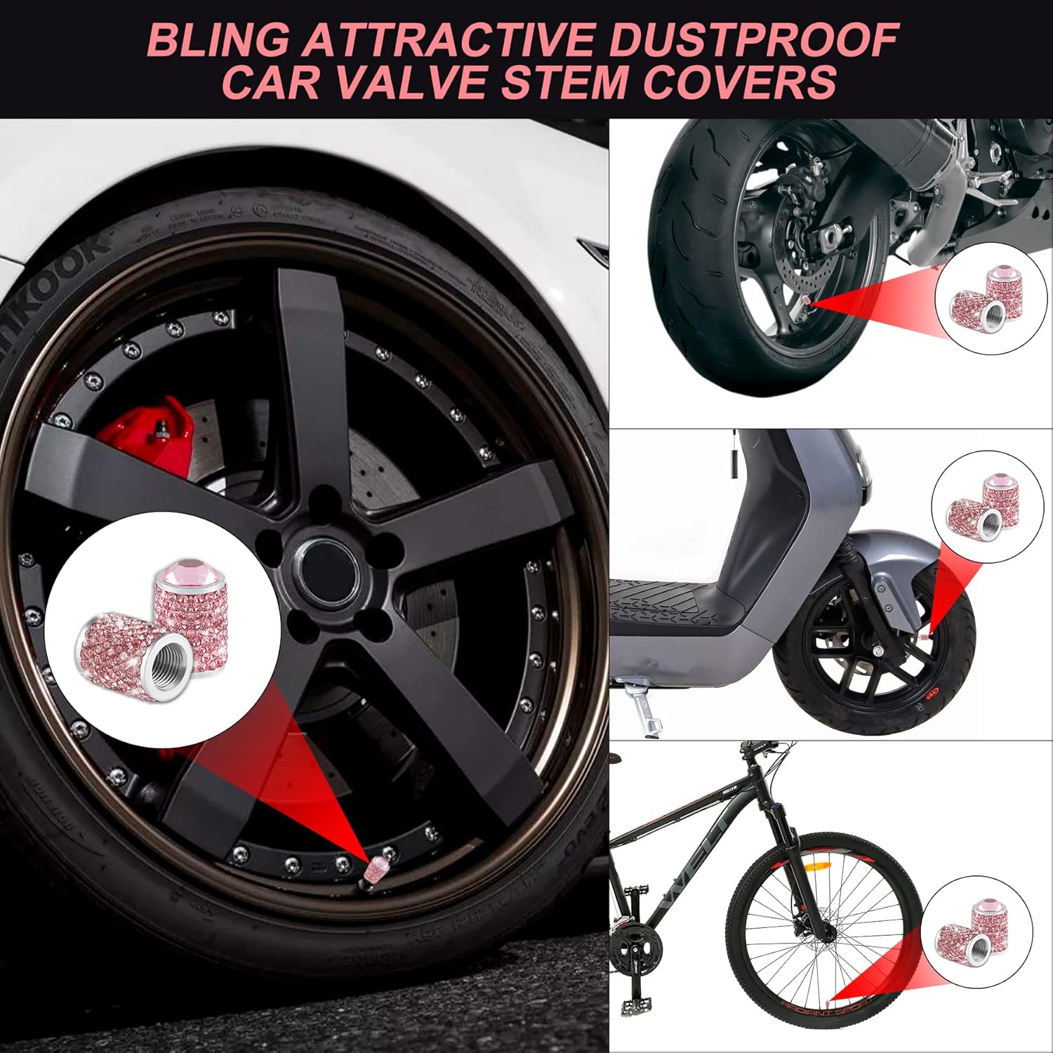 Alpmosn Car Wheel Tire Valve Caps, 4 PCS Bling Tire Valve Caps, Crystal Tire Caps Shinny Rhinestone for Women, Universal Car Dustproof Tire Valve Caps for Cars, Trucks, SUV and Motorcycles (Pink) - Image 6