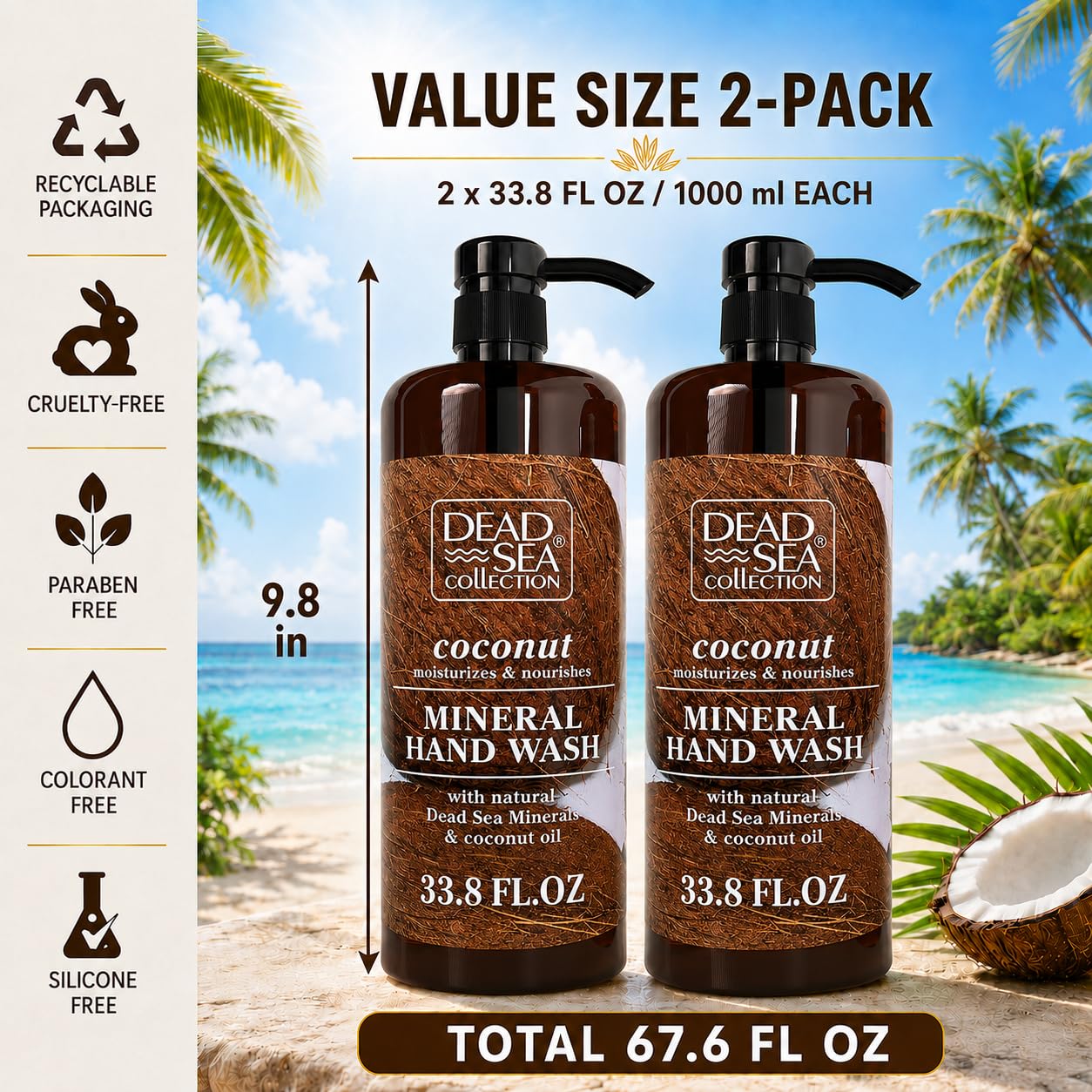 Dead Sea Collection Hand Soap Pump Coconut - Hand Wash Liquid with Dead Sea Minerals and Coconut Oil - All Skin Types Moisturizing & Nourishing - Pack of 2 (33.8 Fl Oz Each) - 67.6 Fl Oz - Image 3